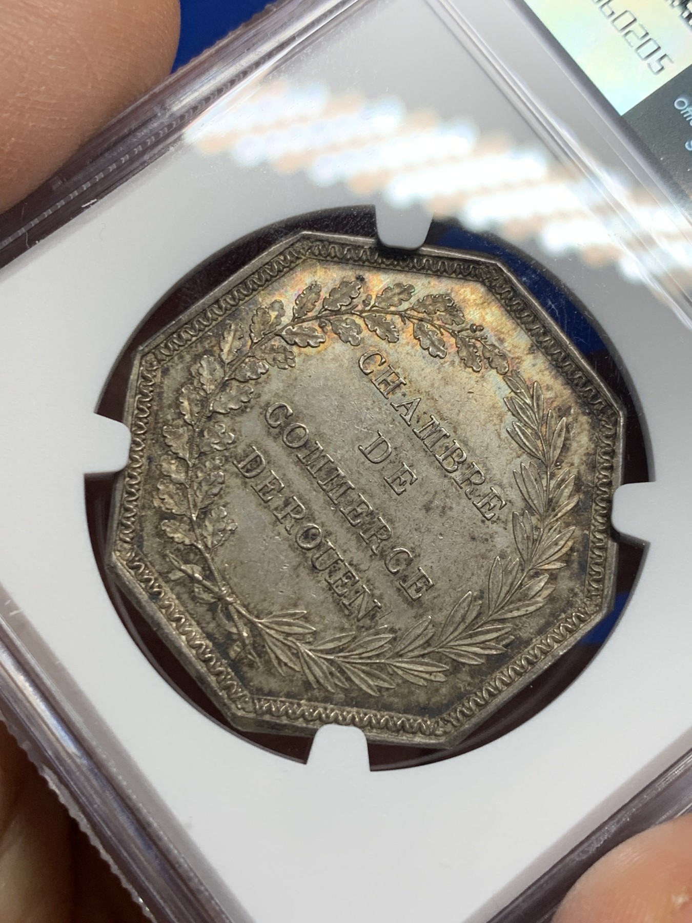 《竞宝斋》第237场- 周日，周一，周二，周日 疯狂4连拍 (全场包邮) NGC-MS64 法国鲁昂商会八角银质代币，鲁昂城上飞天的墨丘利福泽全城