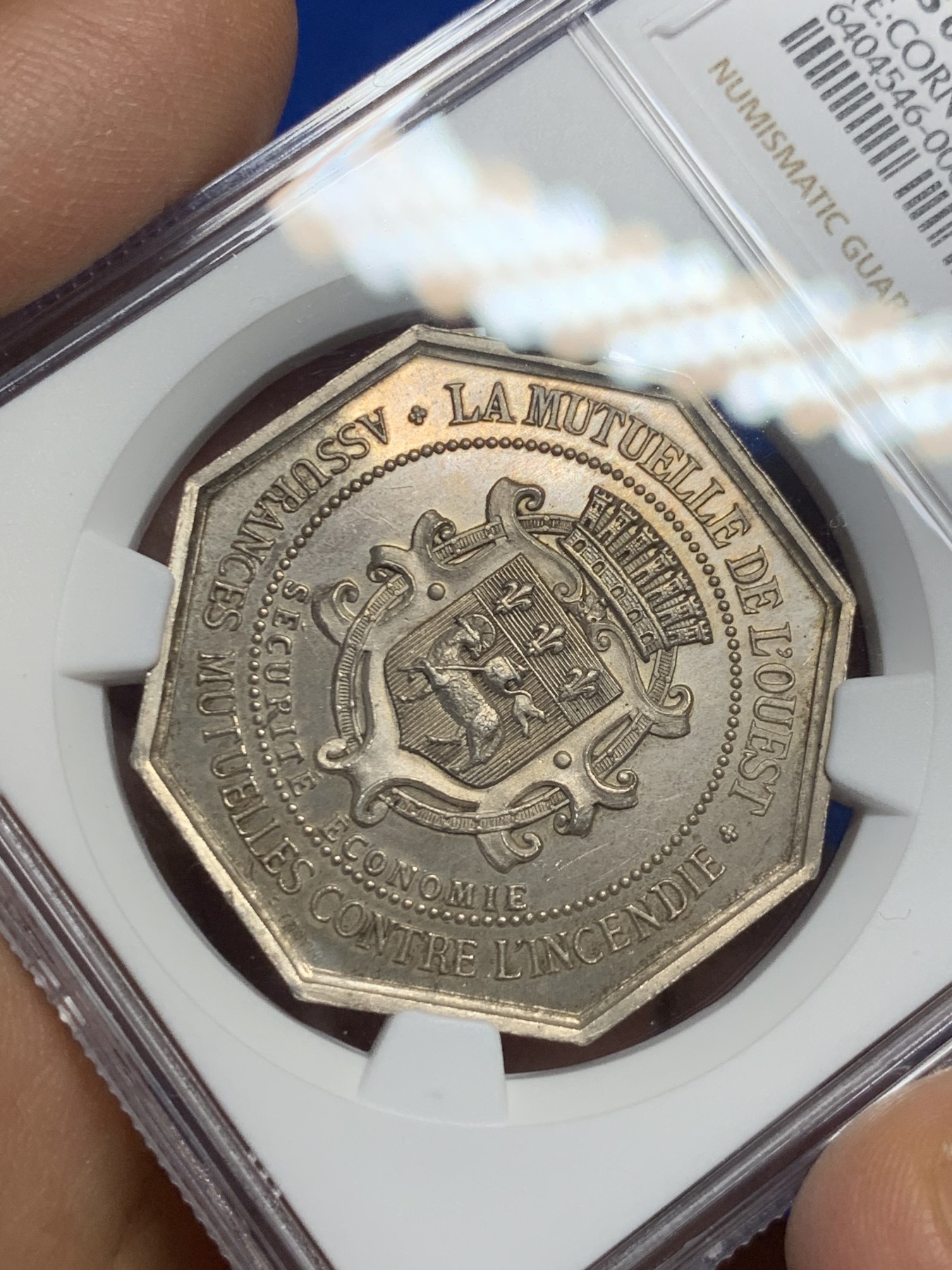 《竞宝斋》第237场- 周日，周一，周二，周日 疯狂4连拍 (全场包邮) NGC-MS64 法国鲁昂火灾互助保险公司八角银质代币，大规格