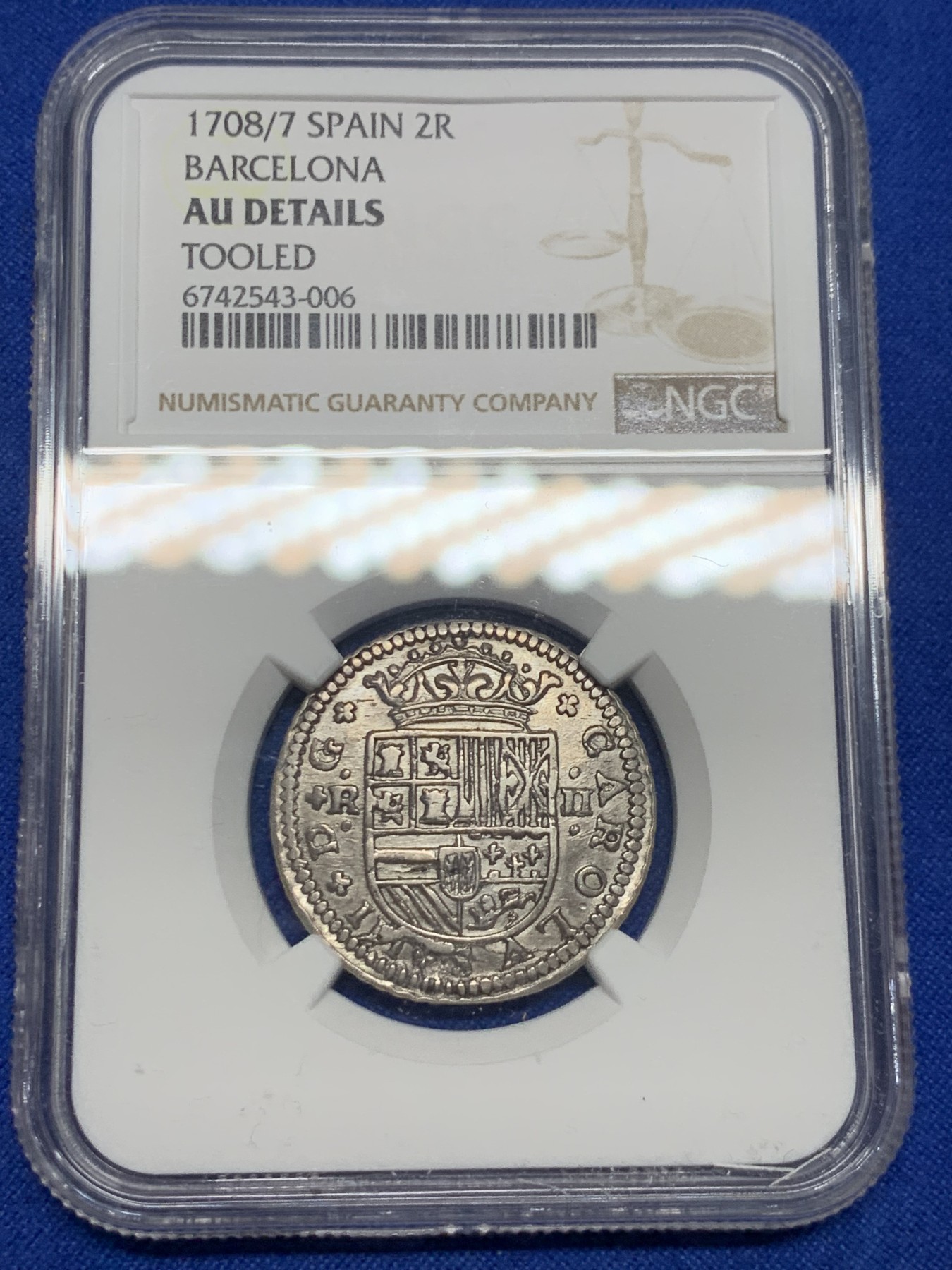 《竞宝斋》第235场-周日，周一，周二，周三 疯狂4连拍 (全场包邮) NGC-AU 西班牙 巴塞罗那 1708/7年 卡洛斯三世 2里亚尔 银币 西班牙王位纷争时期由卡洛斯三世【也就是之后的神罗皇帝查理六世】发行 少见