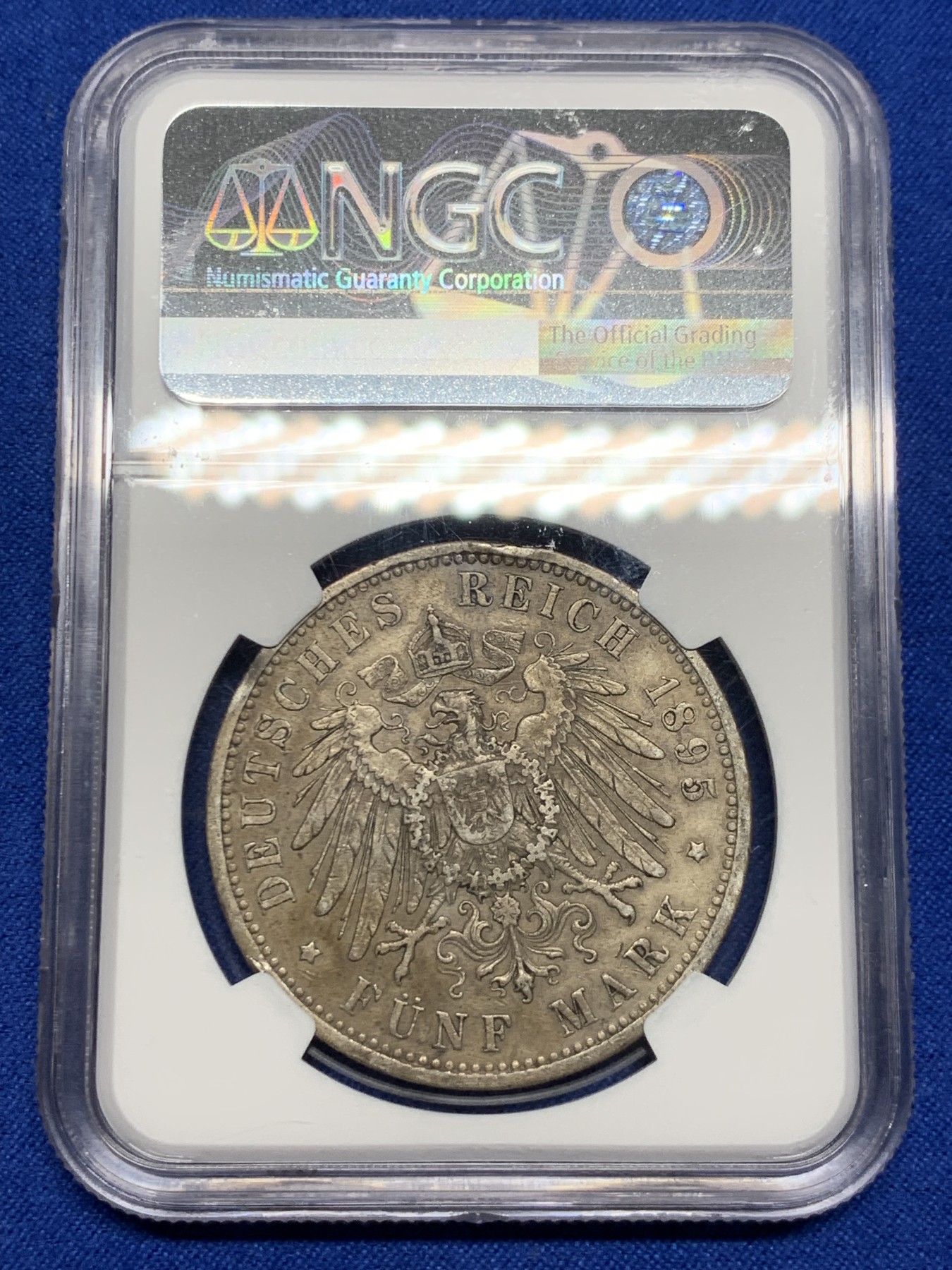 《竞宝斋》第235场-周日，周一，周二，周三 疯狂4连拍 (全场包邮) NGC-UNC 德国普鲁士 1895年 5马克 威廉二世长翅鹰A版 银币