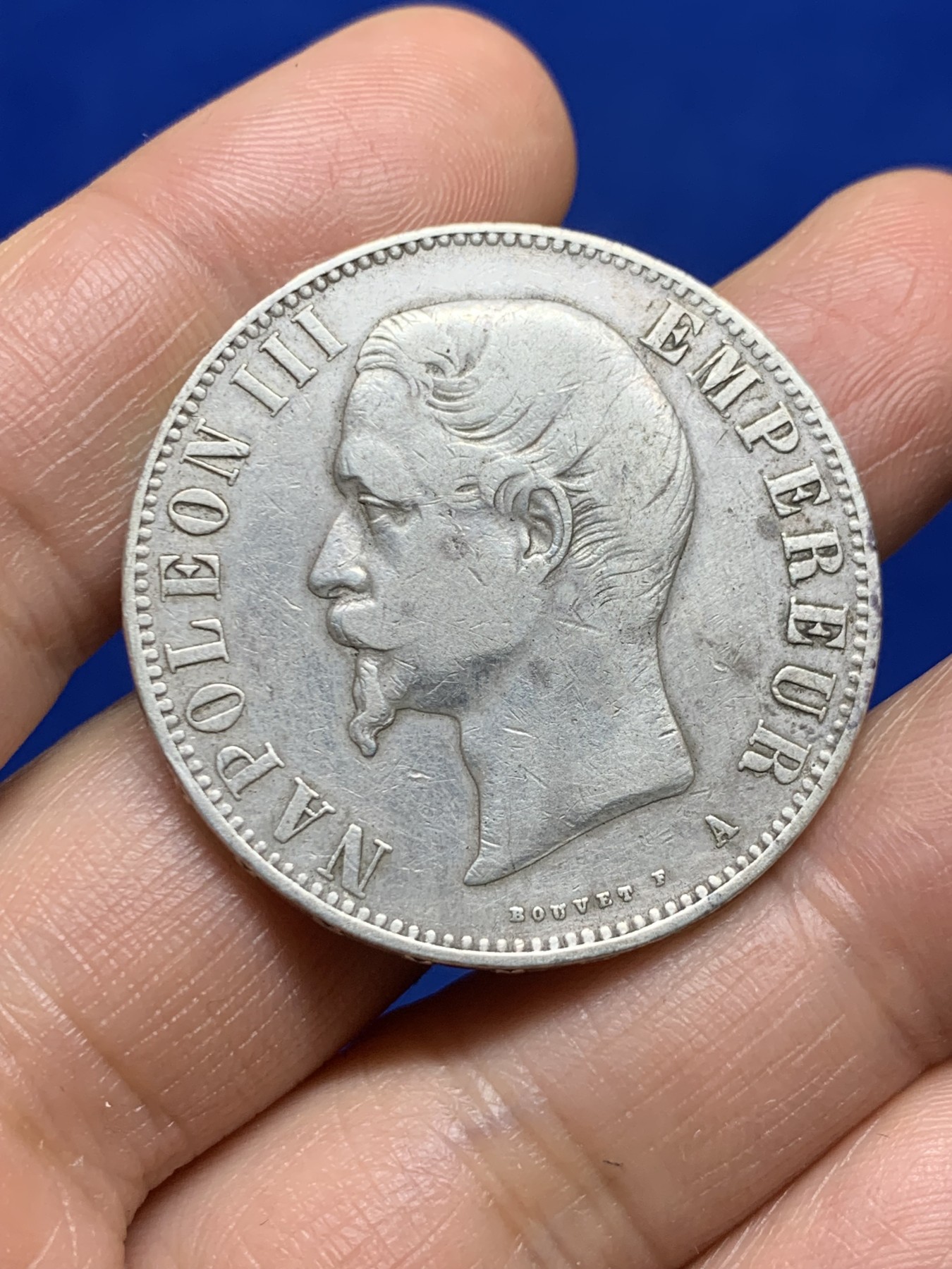 《竞宝斋》第235场-周日，周一，周二，周三 疯狂4连拍 (全场包邮) 1855年法国拿破仑三世皇帝小头版5法郎银币 背面鹰版 非常好的品种 细节见图