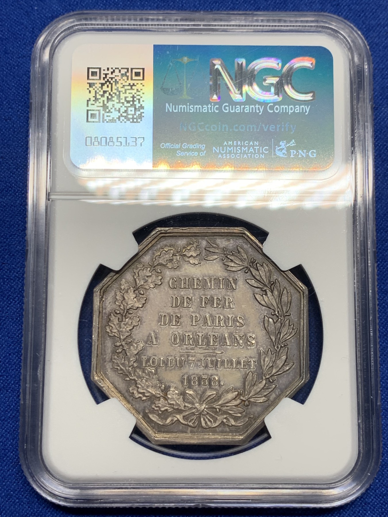 《竞宝斋》第237场- 周日，周一，周二，周日 疯狂4连拍 (全场包邮) NGC-MS64 法国八角银质代币，巴黎至奥尔良铁路通车纪念