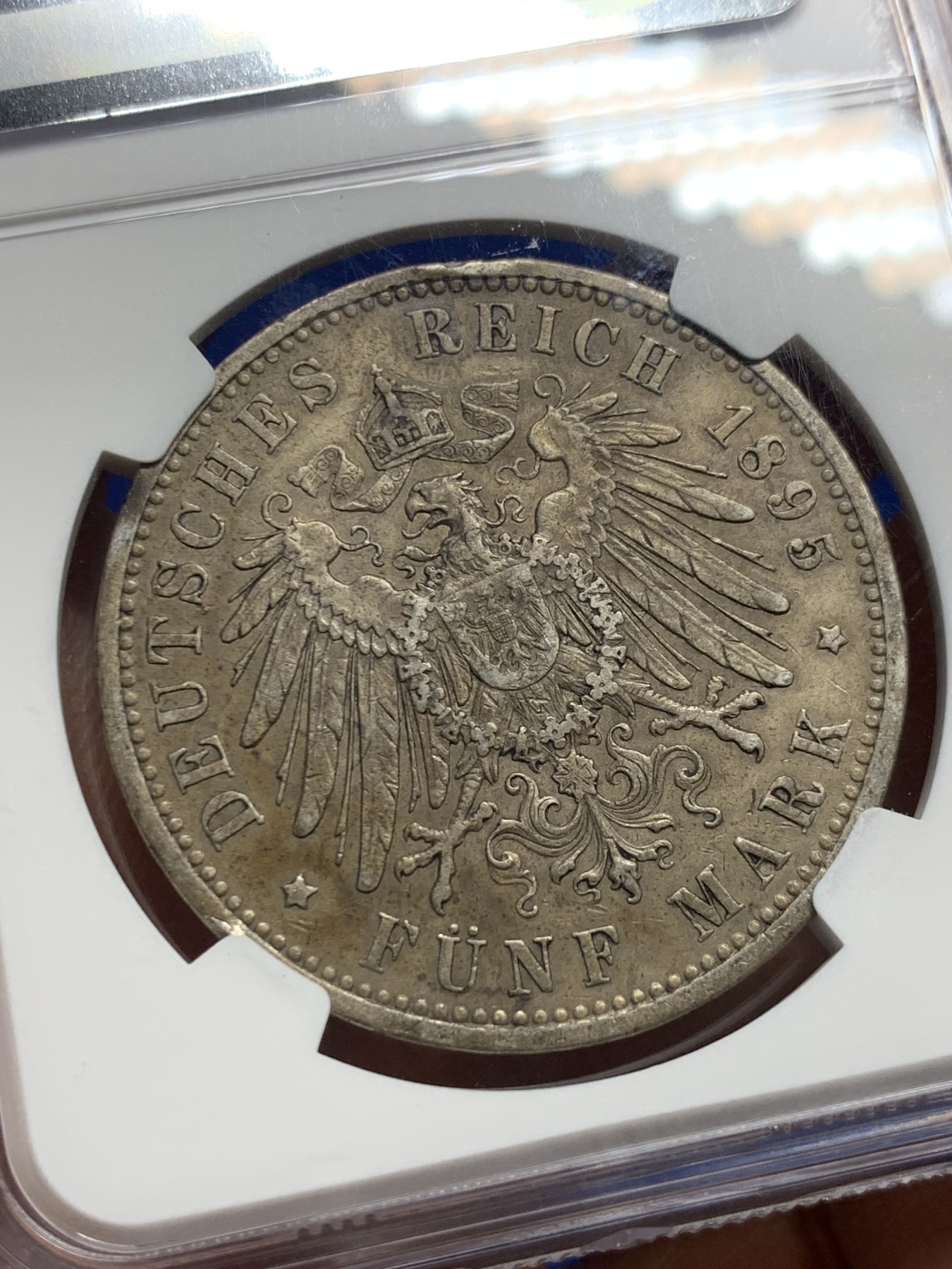 《竞宝斋》第235场-周日，周一，周二，周三 疯狂4连拍 (全场包邮) NGC-UNC 德国普鲁士 1895年 5马克 威廉二世长翅鹰A版 银币