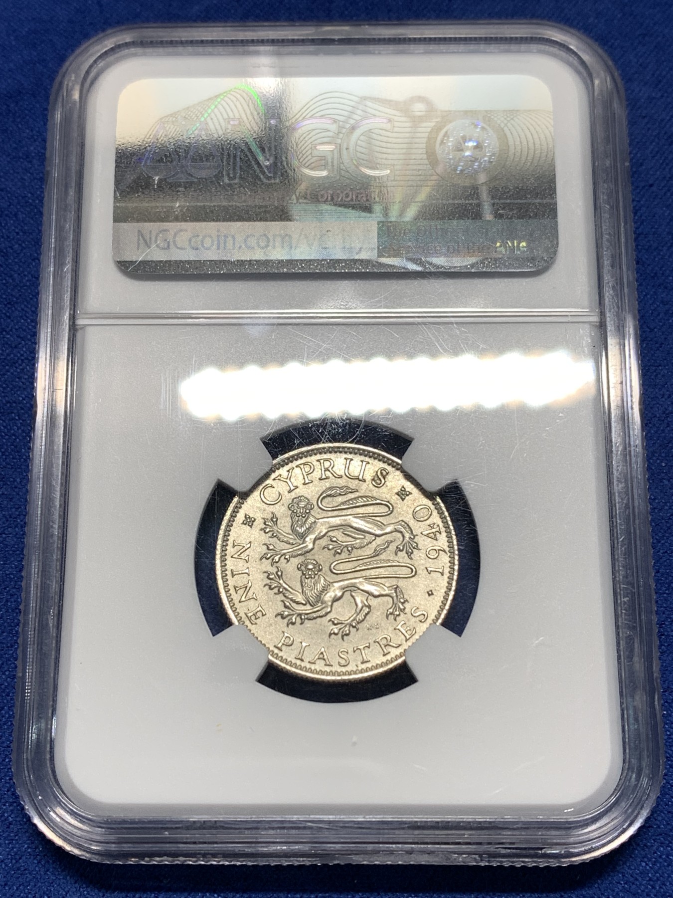 《竞宝斋》第235场-周日，周一，周二，周三 疯狂4连拍 (全场包邮) NGC  MS63   1940年英属塞浦路斯9皮银币 盒子上方边缘小缺，未漏气