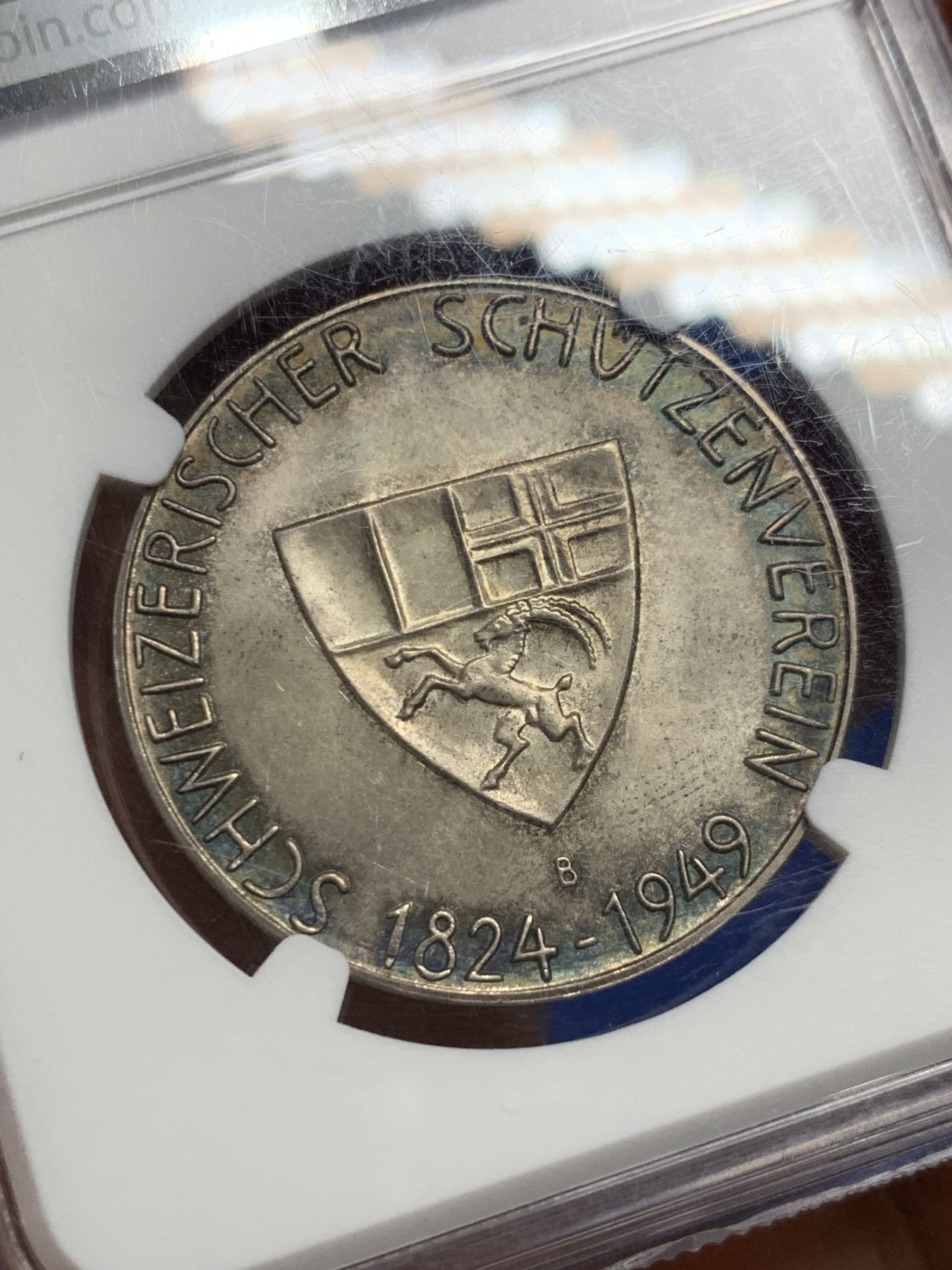 《竞宝斋》第237场- 周日，周一，周二，周日 疯狂4连拍 (全场包邮) NGC-MS66 瑞士 1949年格劳宾登射击节银章（发行量小于500枚，亚军分 ） 