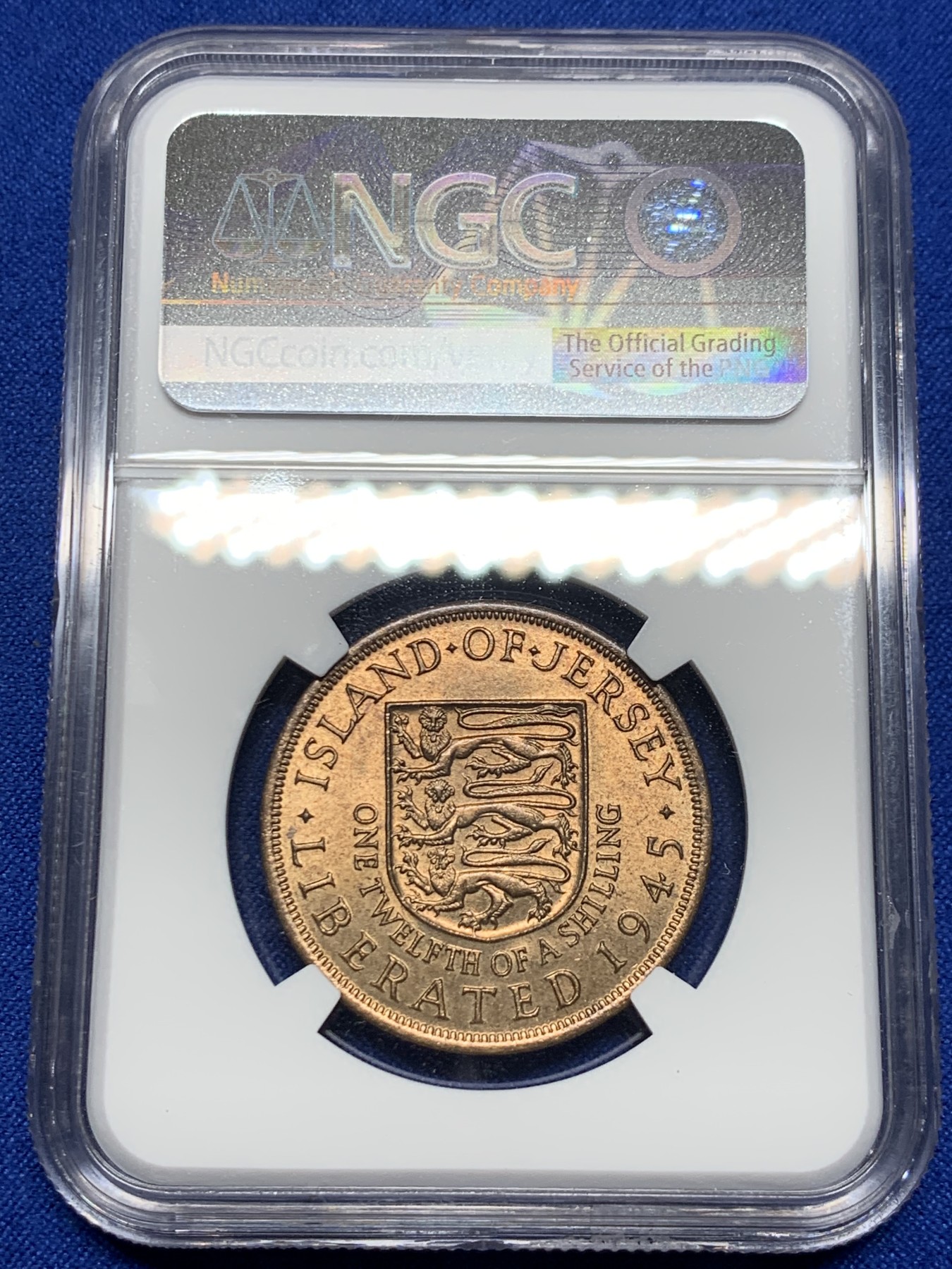 《竞宝斋》第235场-周日，周一，周二，周三 疯狂4连拍 (全场包邮) NGC  MS64RB 1945年英属泽西岛乔六1/12先令纪念铜币
