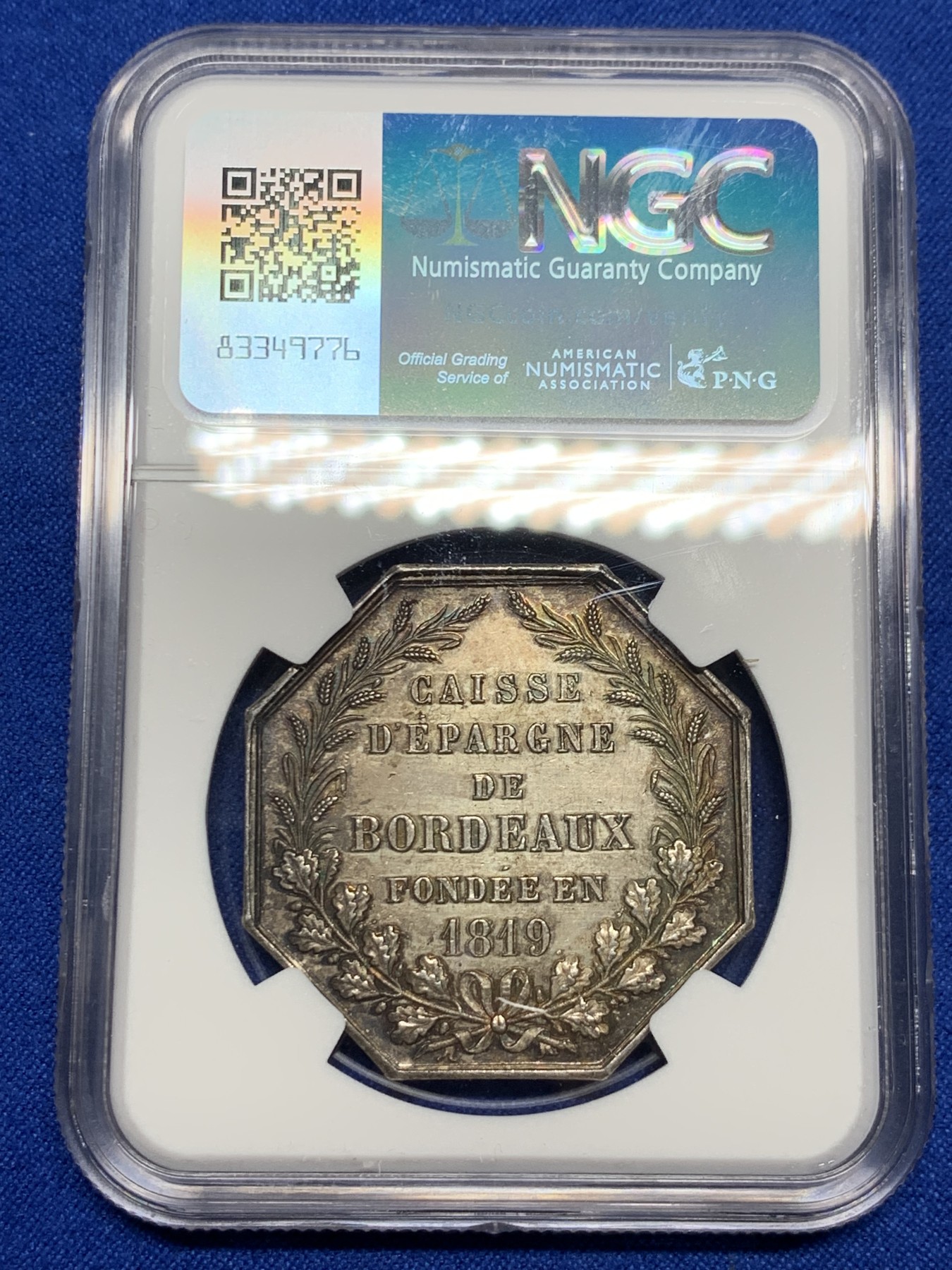 《竞宝斋》第237场- 周日，周一，周二，周日 疯狂4连拍 (全场包邮) NGC-MS61 法国八角银质代币，波尔多储蓄银行，大房子