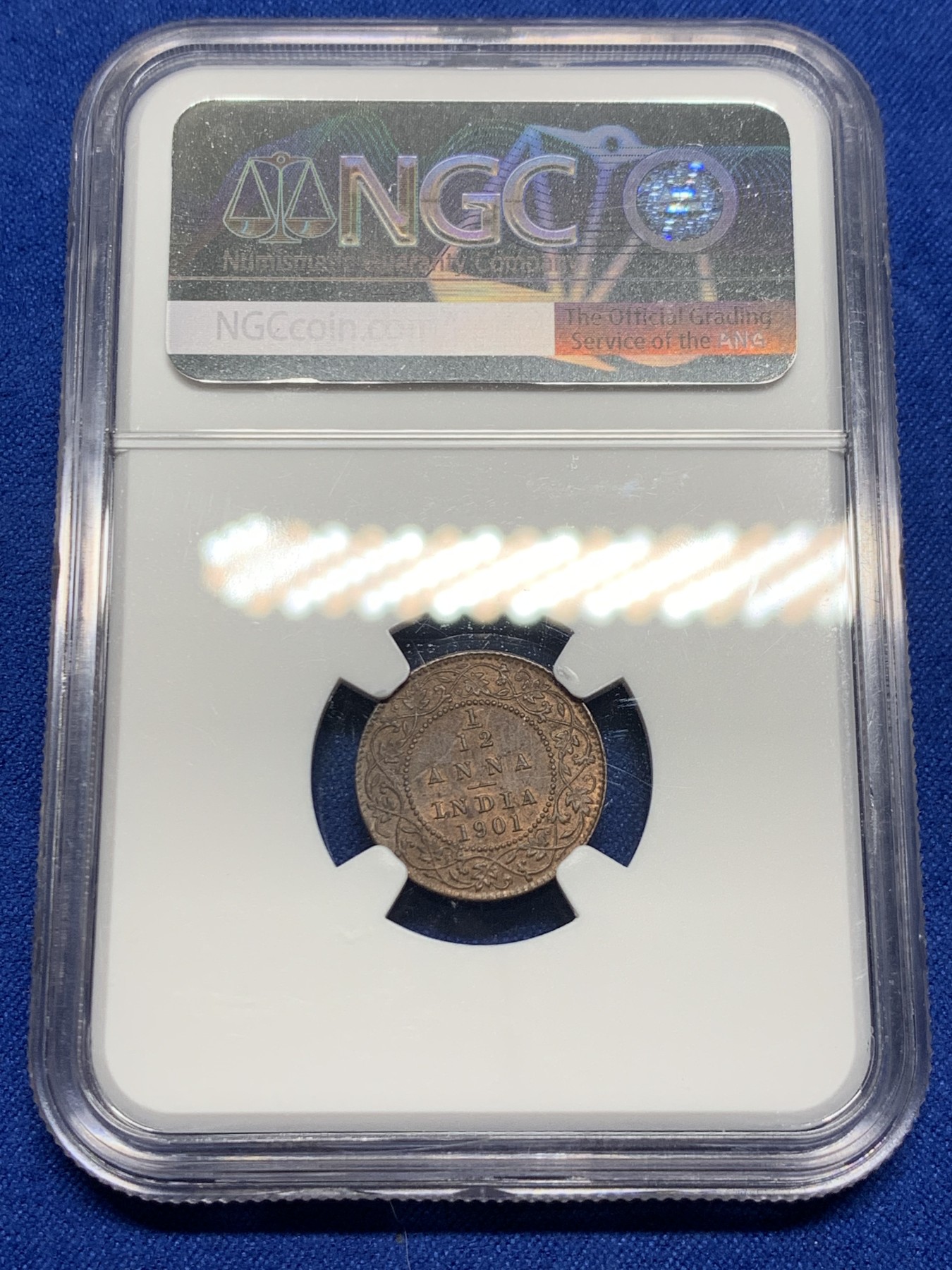 《竞宝斋》第235场-周日，周一，周二，周三 疯狂4连拍 (全场包邮) NGC-MS63BN 英属印度1901年小维1/12安娜铜币，维多利亚女皇。不多见的面值。小维发丝冠冕细节精美，铜光犹存。