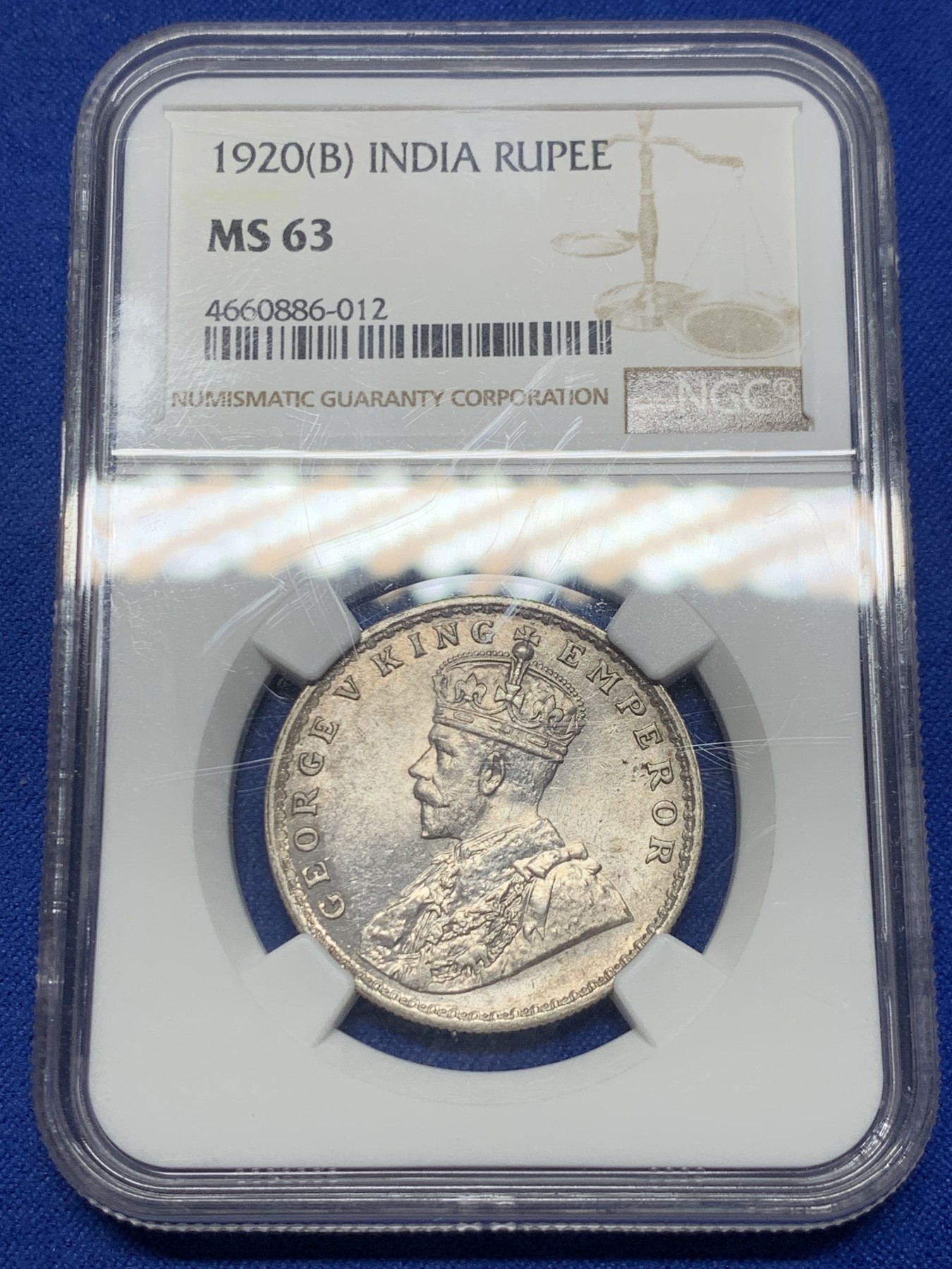 《竞宝斋》第235场-周日，周一，周二，周三 疯狂4连拍 (全场包邮) NGC MS63 原光印度1920B孟买厂乔治五世1卢比银币