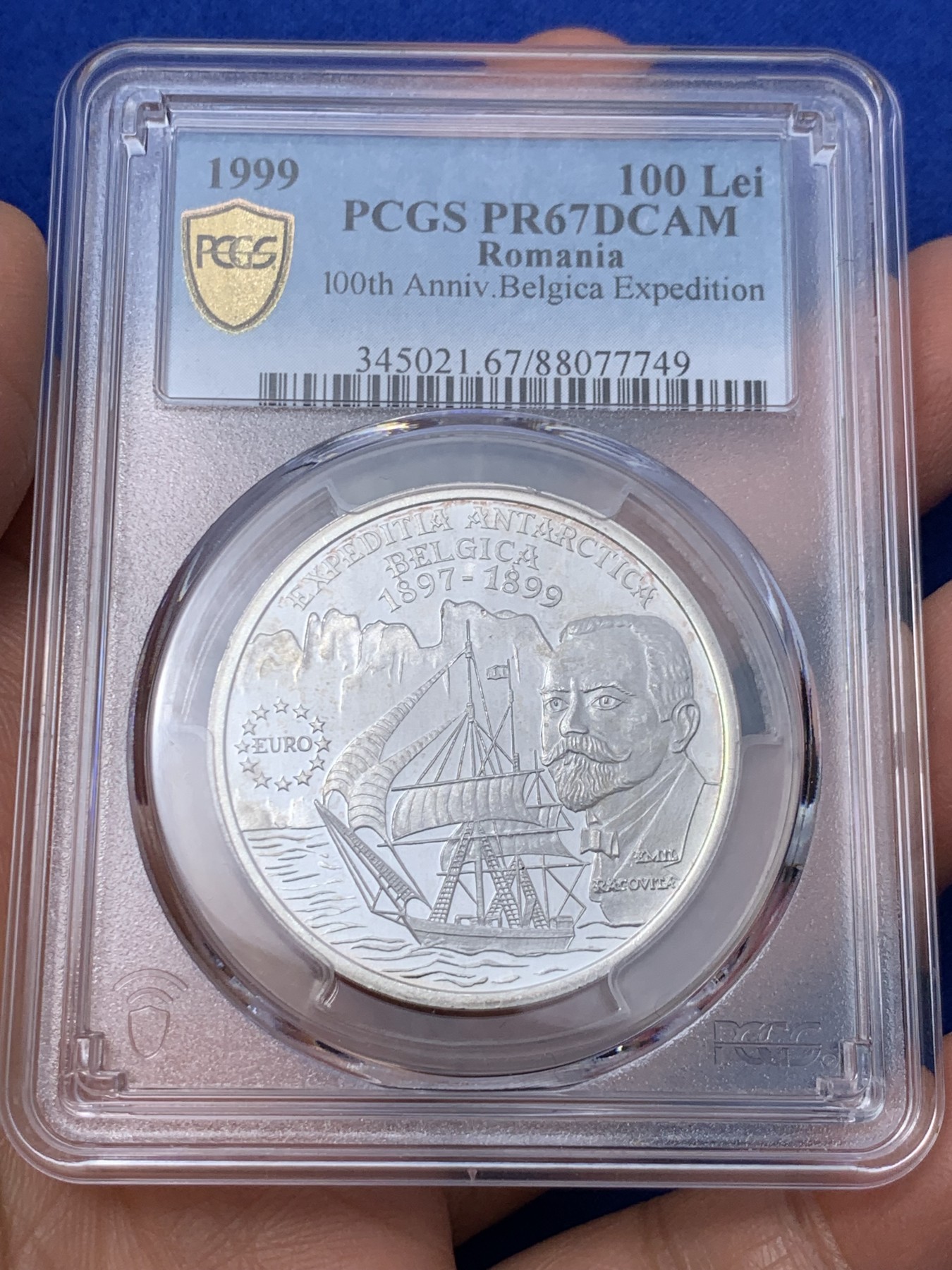 《竞宝斋》第235场-周日，周一，周二，周三 疯狂4连拍 (全场包邮) PCGS金盾 PR67DCAM 罗马尼亚1999年比利时号极地探险百年纪念100列伊精制大银币，亚军分
