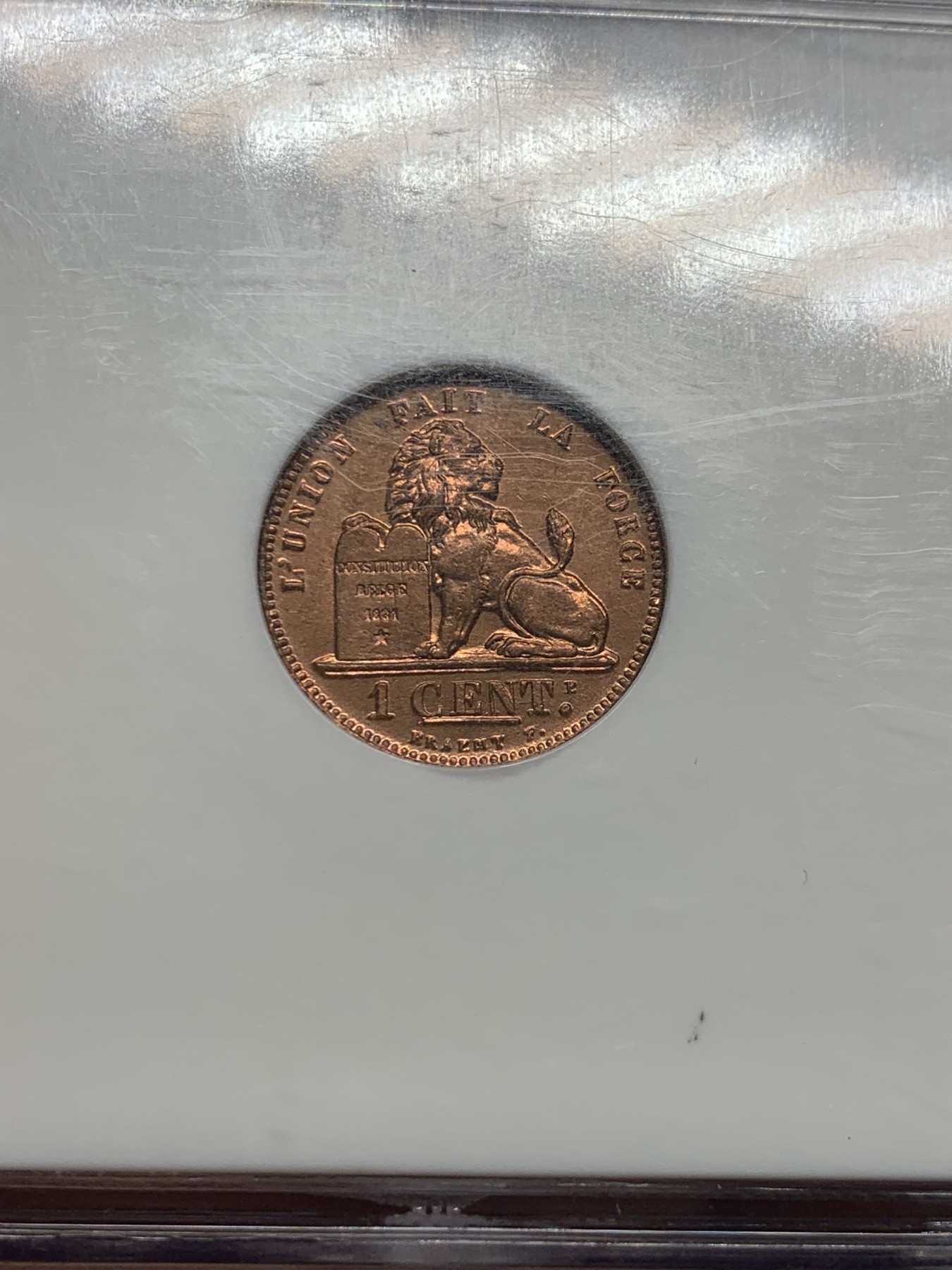 《竞宝斋》第235场-周日，周一，周二，周三 疯狂4连拍 (全场包邮) NGC MS65RD 比利时1912年经典狮子1分铜币 满铜光，精制小铜币一枚