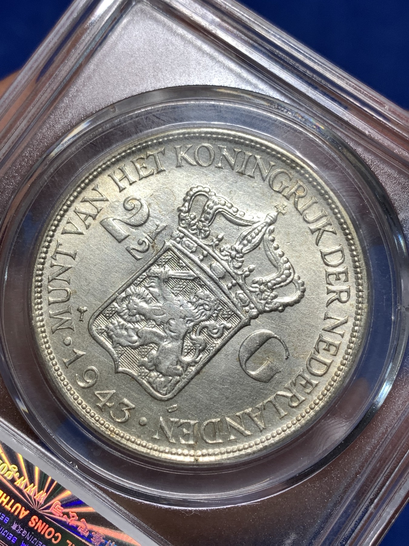 《竞宝斋》第235场-周日，周一，周二，周三 疯狂4连拍 (全场包邮) 公博-MS62 1943-D荷属东印度威廉敏娜女王银币 2.5GULDEN