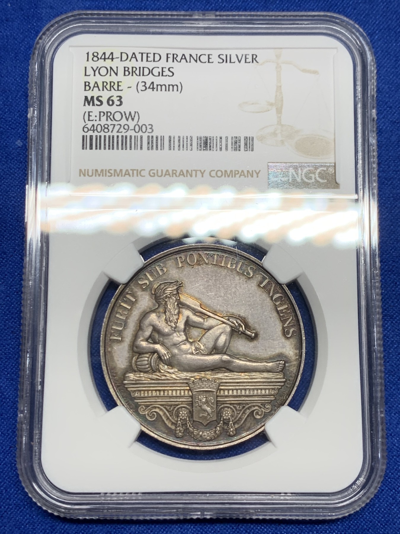 《竞宝斋》第237场- 周日，周一，周二，周日 疯狂4连拍 (全场包邮) NGC-MS63 法国银质代币，里昂罗纳河谷桥梁总公司，受罗纳河河神庇护的里昂大学院门户桥梁，1842-1845年船首边铭，五彩油性包浆