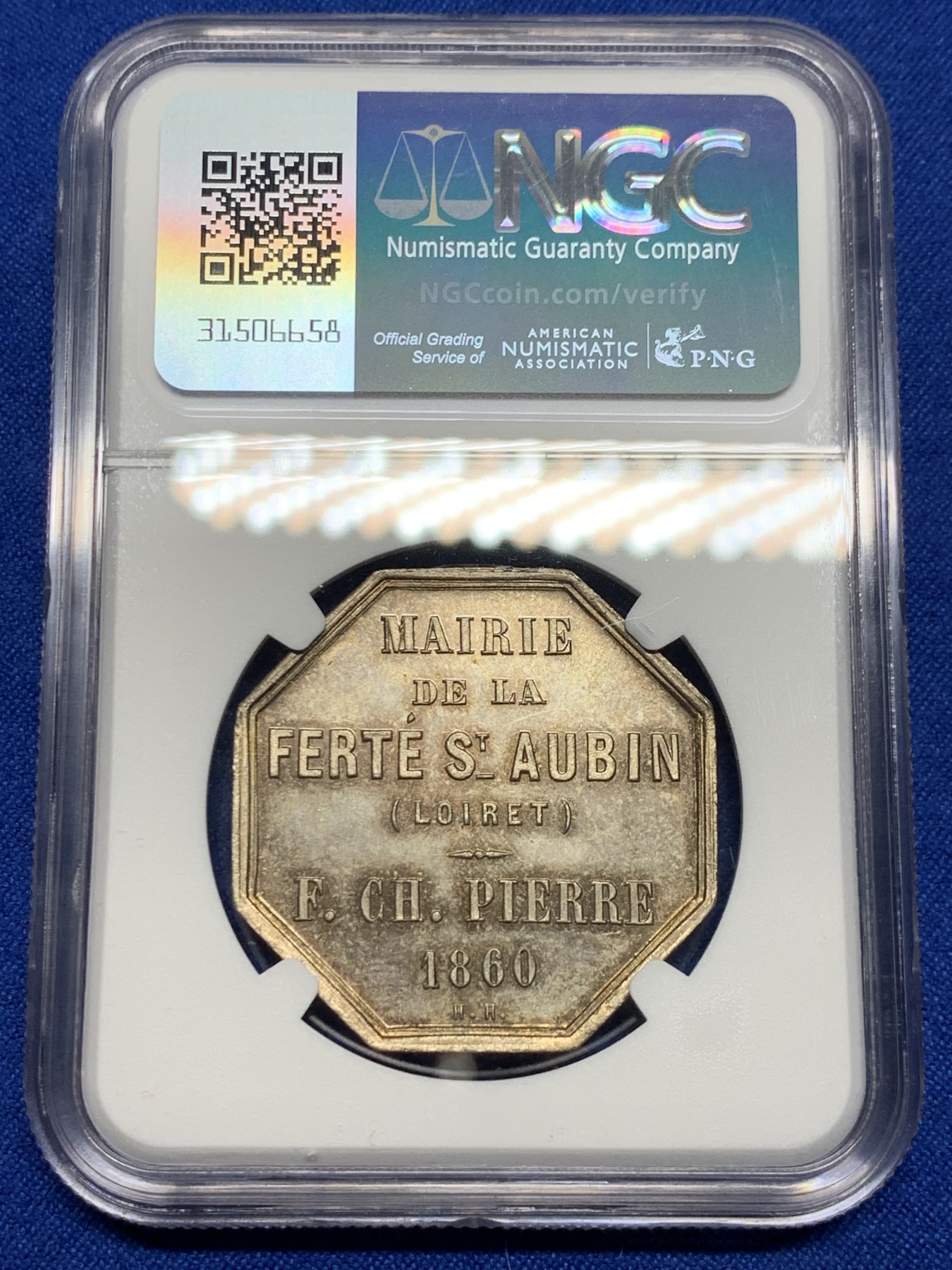 《竞宝斋》第237场- 周日，周一，周二，周日 疯狂4连拍 (全场包邮) NGC-MS64 法国圣欧班堡市政厅八角镀银铜质代币，以“CP”组成的花体字，金色包浆状态极好