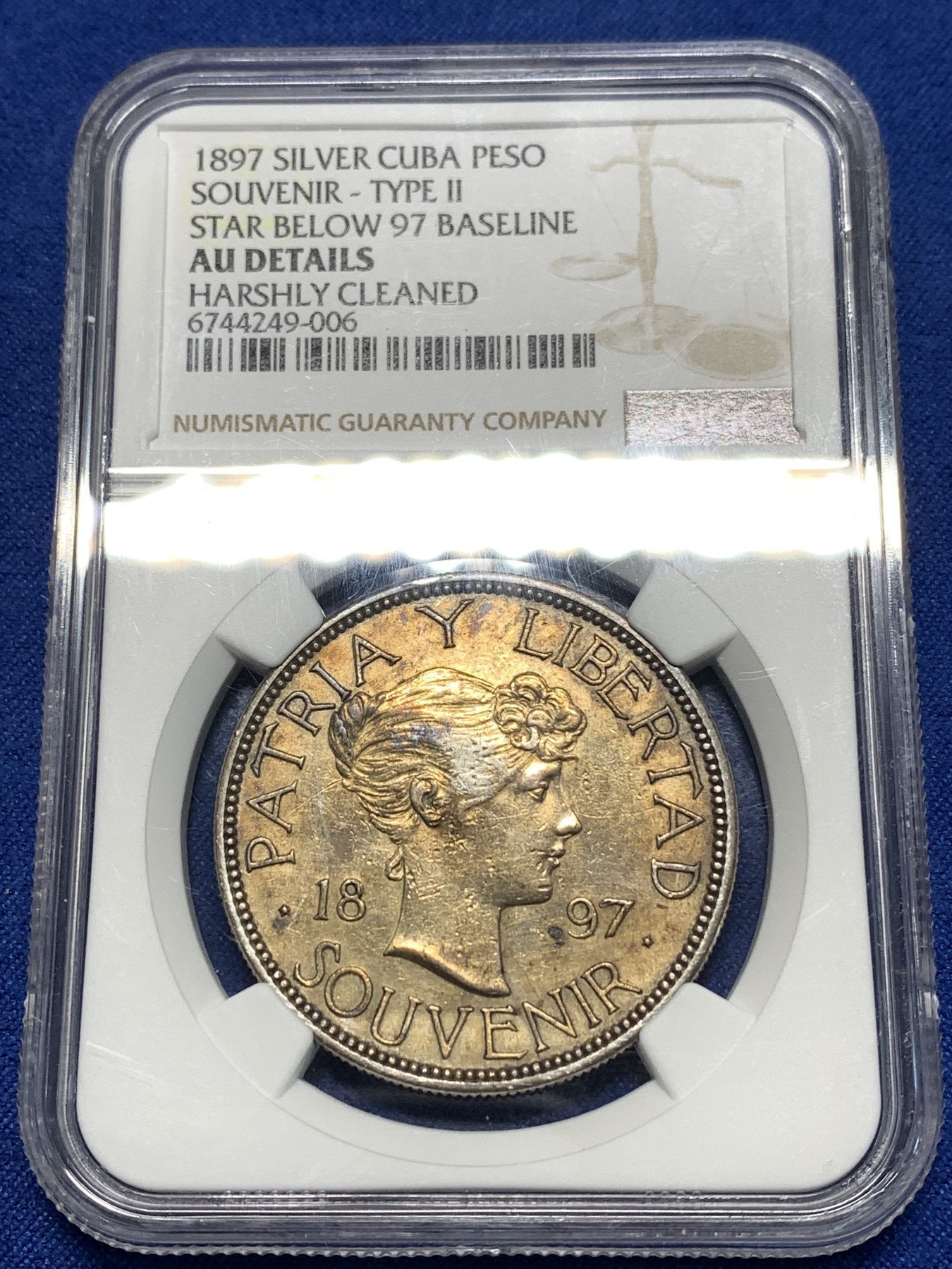 《竞宝斋》第235场-周日，周一，周二，周三 疯狂4连拍 (全场包邮) NGC-AU Details  古巴名誉名自由女神 1897年 1比索银币 星下位。