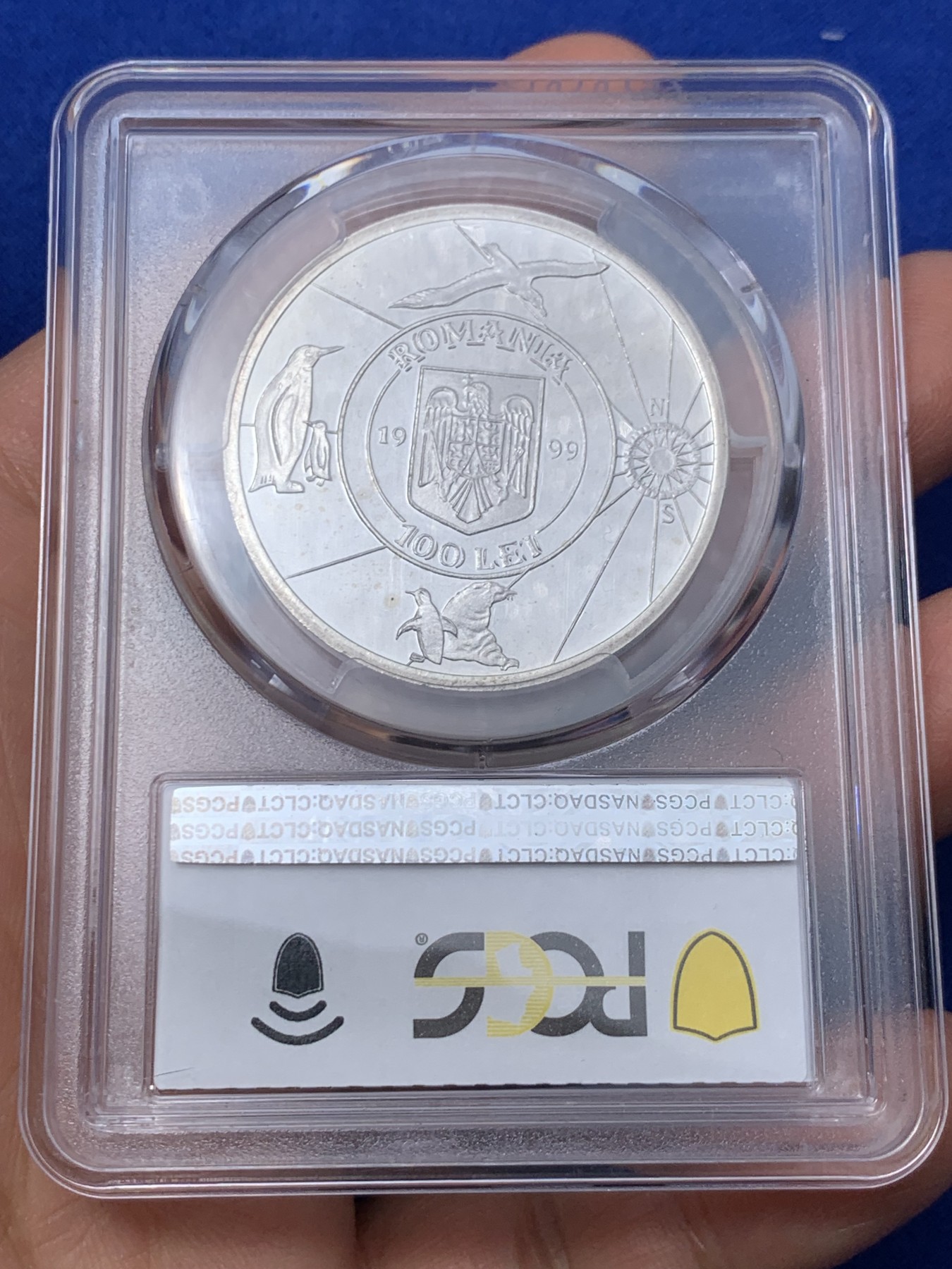 《竞宝斋》第235场-周日，周一，周二，周三 疯狂4连拍 (全场包邮) PCGS金盾 PR67DCAM 罗马尼亚1999年比利时号极地探险百年纪念100列伊精制大银币，亚军分