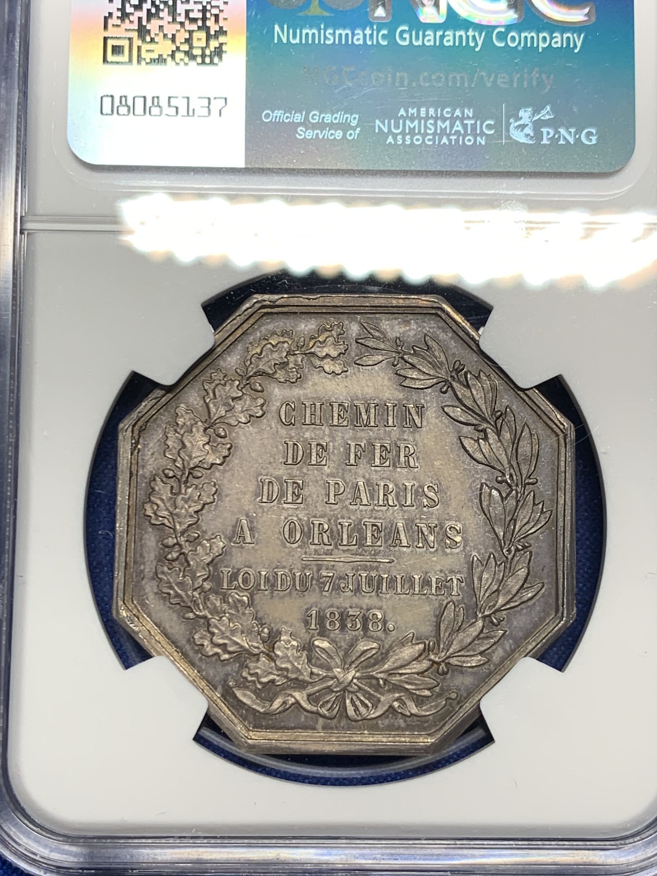 《竞宝斋》第237场- 周日，周一，周二，周日 疯狂4连拍 (全场包邮) NGC-MS64 法国八角银质代币，巴黎至奥尔良铁路通车纪念