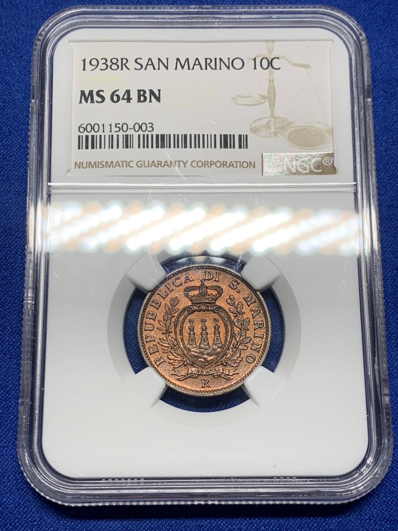 《竞宝斋》第235场-周日，周一，周二，周三 疯狂4连拍 (全场包邮) NGC MS64BN 圣马力诺1938年10分铜币