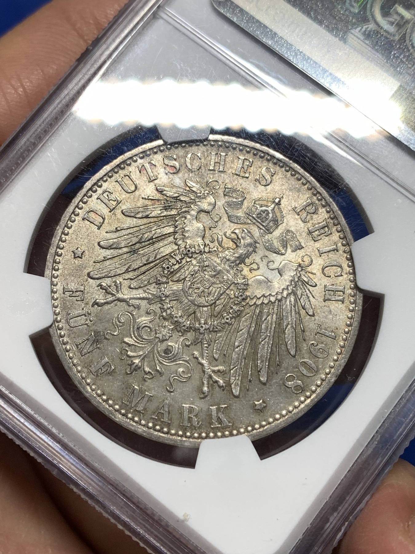 《竞宝斋》第235场-周日，周一，周二，周三 疯狂4连拍 (全场包邮) NGC AU58 德国1908年D版巴伐利亚5马克银币，性价比高