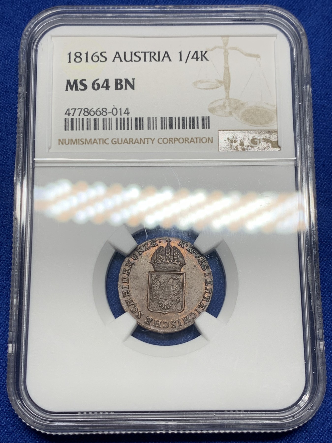 《竞宝斋》第235场-周日，周一，周二，周三 疯狂4连拍 (全场包邮) NGC-MS64BN 奥地利 1816年S版 1/4克鲁泽 少见面值 冠军分 难得BU+品质