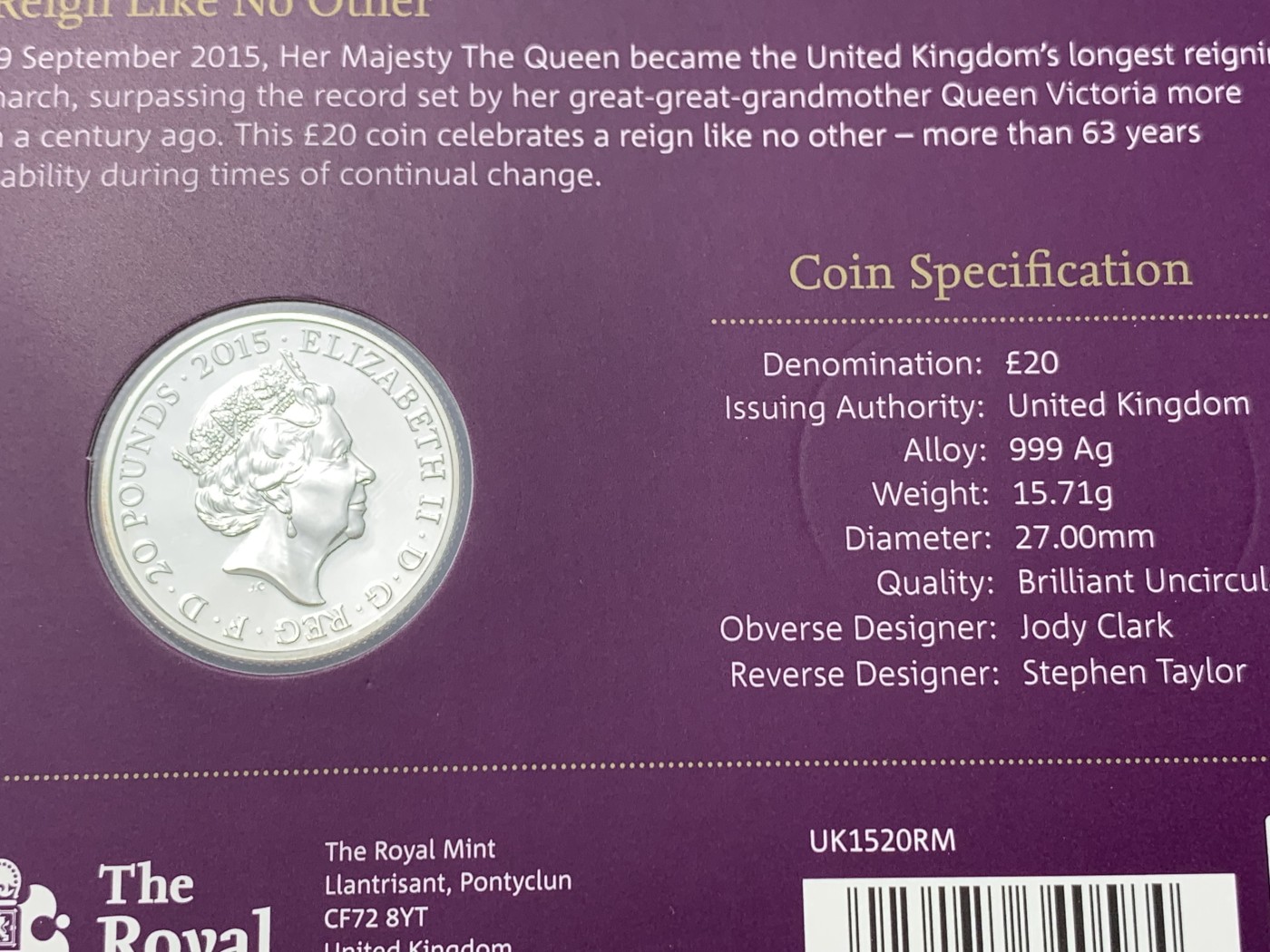 《竞宝斋》第235场-周日，周一，周二，周三 疯狂4连拍 (全场包邮) 英国 2015年 20英镑 伊丽莎白二世在位时间最长君主纪念 银币