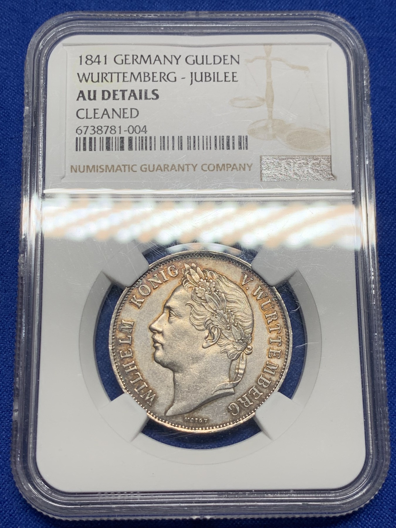 《竞宝斋》第235场-周日，周一，周二，周三 疯狂4连拍 (全场包邮) NGC-AUD 德国 1841年 符腾堡登基25周年纪念 1盾银币 没有明显清洗痕，可以重评试一试