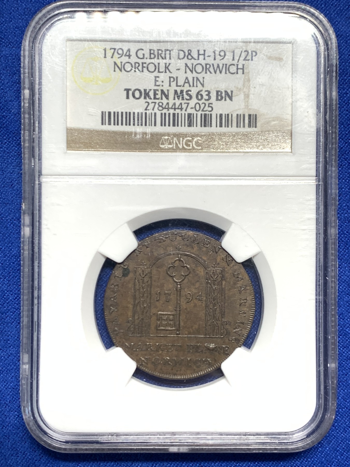 《竞宝斋》第235场-周日，周一，周二，周三 疯狂4连拍 (全场包邮) NGC-MS63 英国1794年诺福克郡1/2便士token 巧克力色包浆