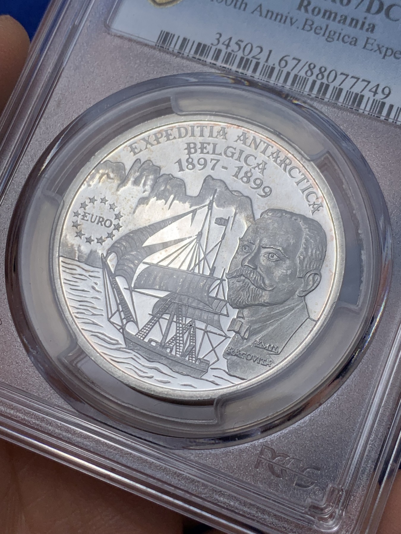 《竞宝斋》第235场-周日，周一，周二，周三 疯狂4连拍 (全场包邮) PCGS金盾 PR67DCAM 罗马尼亚1999年比利时号极地探险百年纪念100列伊精制大银币，亚军分