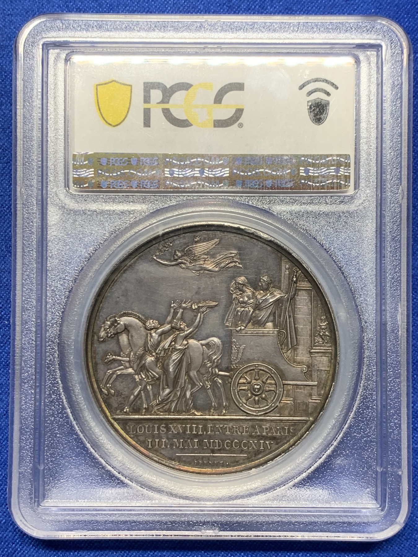 《竞宝斋》第235场-周日，周一，周二，周三 疯狂4连拍 (全场包邮) PCGS SP64 法国1814年拿破仑系列银章，王朝复辟，路易十八重返巴黎，高分镜面底板，艺术性极高，冠军分，广告章，稀少。