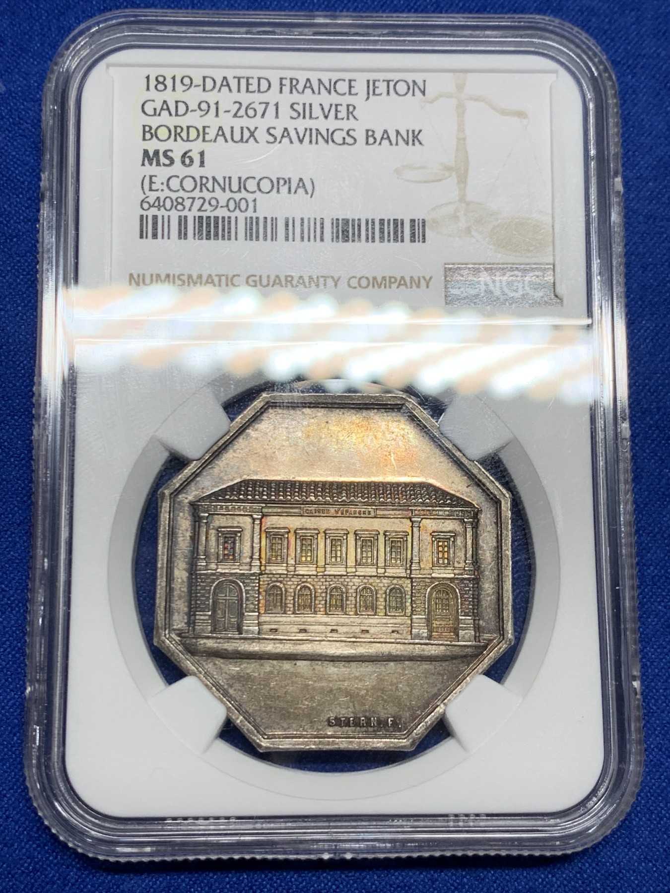 《竞宝斋》第237场- 周日，周一，周二，周日 疯狂4连拍 (全场包邮) NGC-MS61 法国八角银质代币，波尔多储蓄银行，大房子