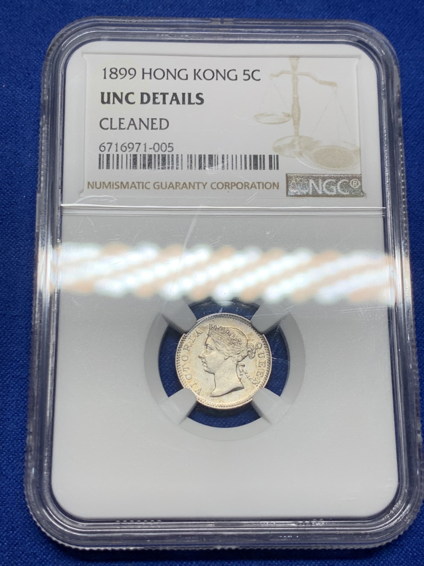 《竞宝斋》第235场-周日，周一，周二，周三 疯狂4连拍 (全场包邮) NGC UNC 原光香港1899年维多利亚五仙银币，严评好状态