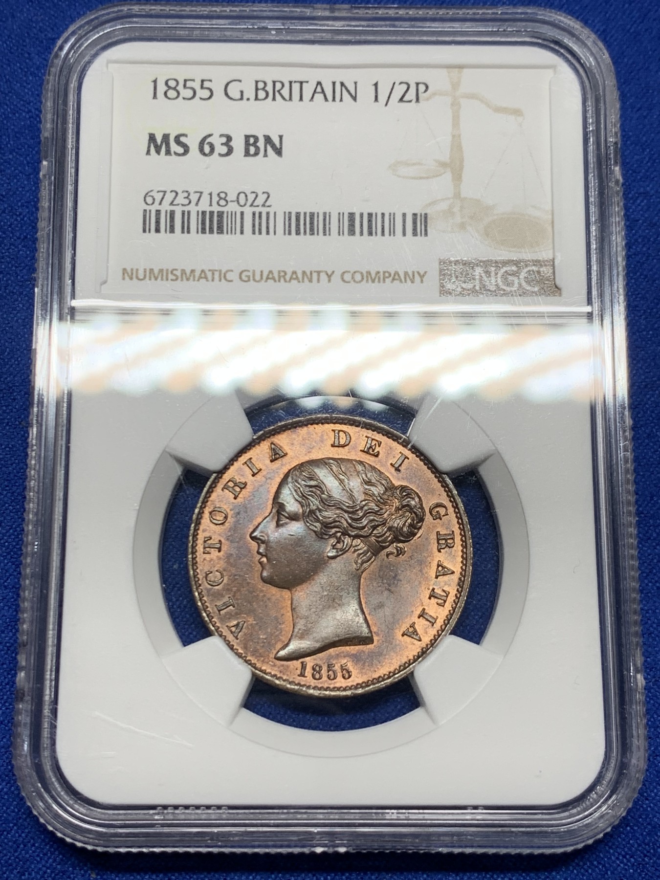 《竞宝斋》第235场-周日，周一，周二，周三 疯狂4连拍 (全场包邮) NGC  MS63BN 1855年英国1/2便士铜币 小维头像，品相一流，不要错过