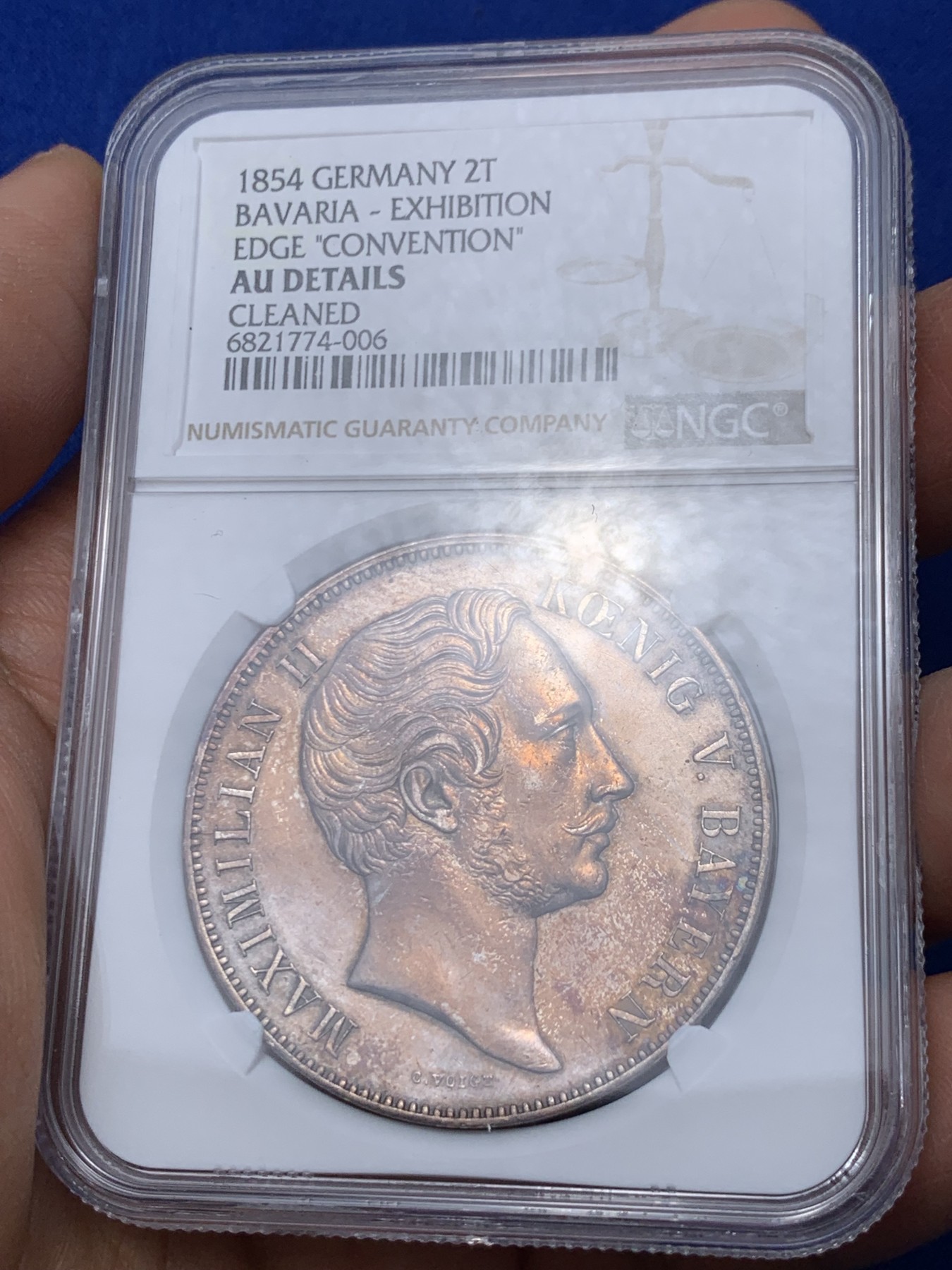 《竞宝斋》第235场-周日，周一，周二，周三 疯狂4连拍 (全场包邮) NGC AU 德国 1854 巴伐利亚马克西米利安二世 双狮纹章 2泰勒37克大银币 流通版好品