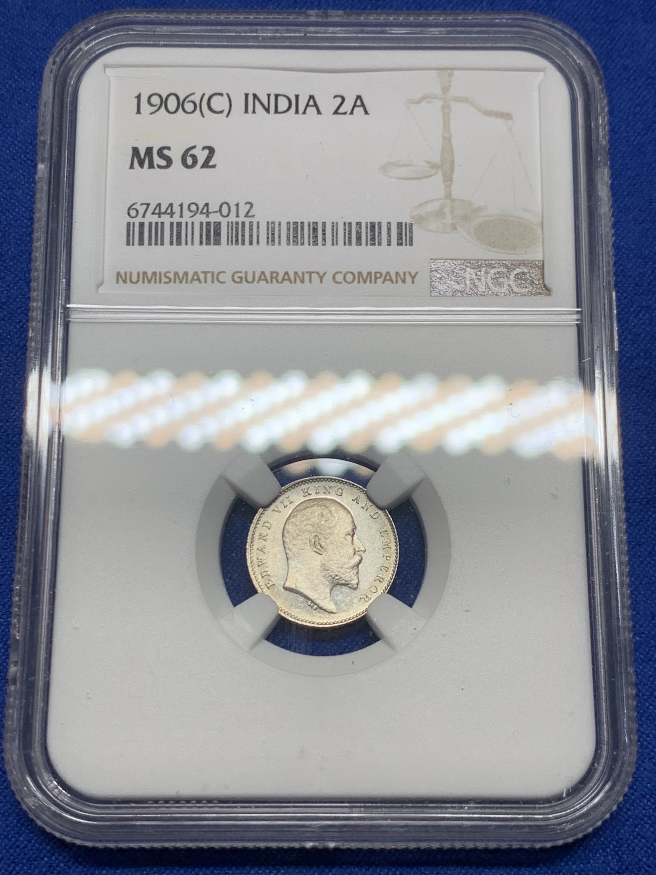 《竞宝斋》第235场-周日，周一，周二，周三 疯狂4连拍 (全场包邮) NGC MS62 1906年C版 英属印度 爱七 2安娜 银币 原卷拆评级