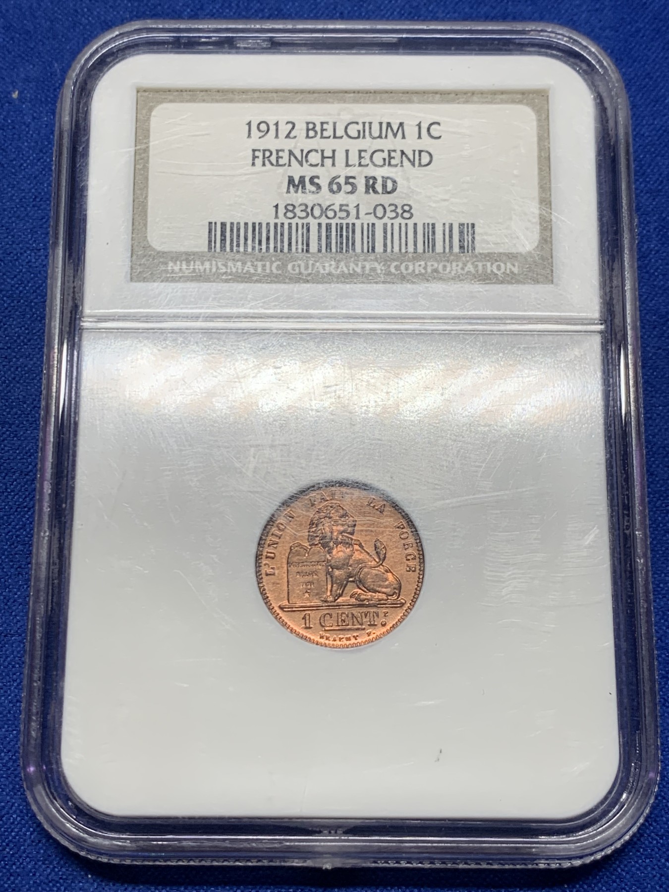 《竞宝斋》第235场-周日，周一，周二，周三 疯狂4连拍 (全场包邮) NGC MS65RD 比利时1912年经典狮子1分铜币 满铜光，精制小铜币一枚