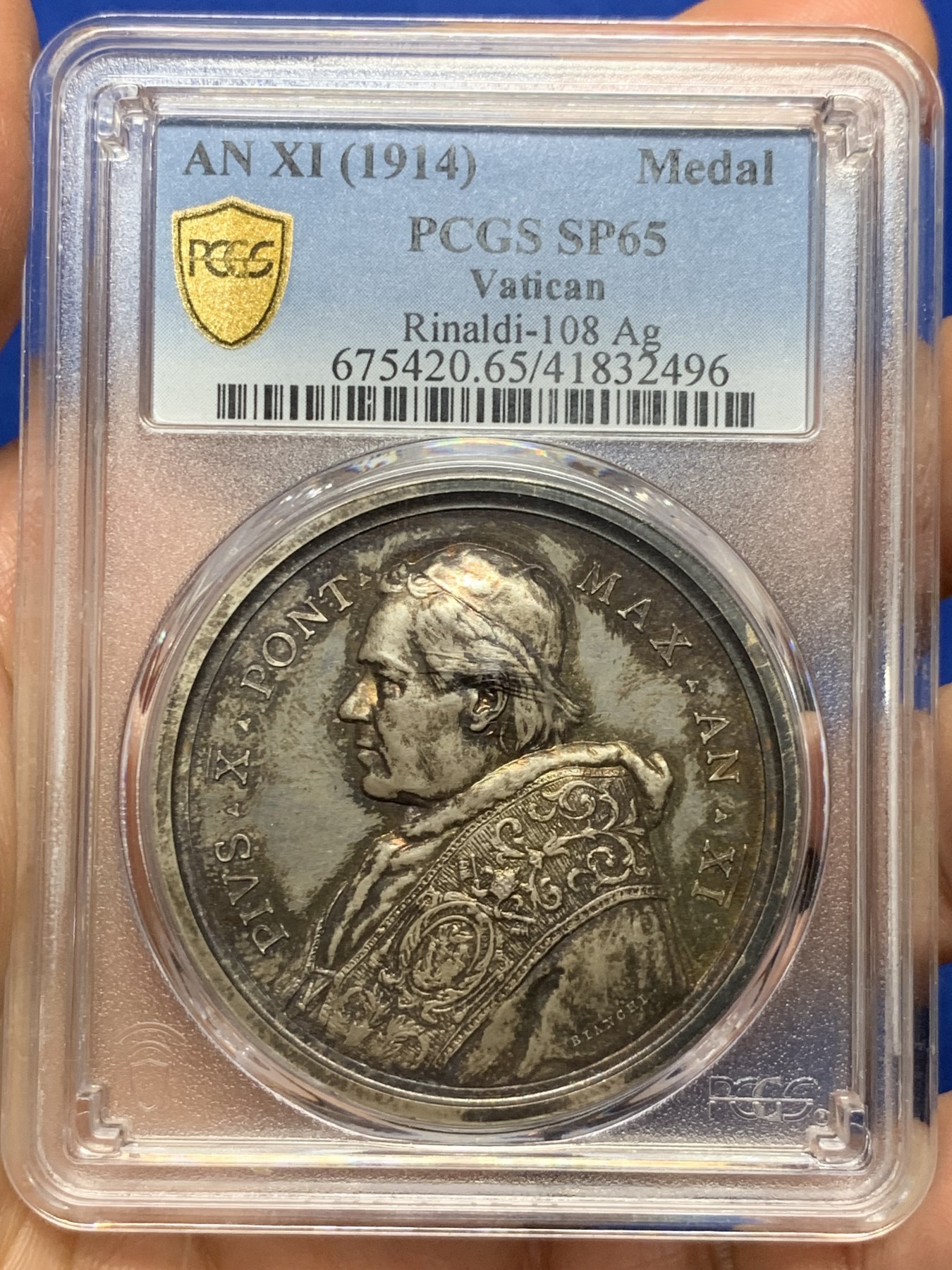《竞宝斋》第235场-周日，周一，周二，周三 疯狂4连拍 (全场包邮) PCGS SP65  梵蒂冈1914顶级幻彩教皇银章