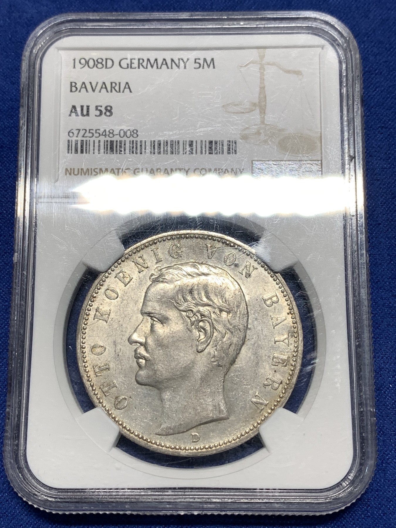 《竞宝斋》第235场-周日，周一，周二，周三 疯狂4连拍 (全场包邮) NGC AU58 德国1908年D版巴伐利亚5马克银币，性价比高