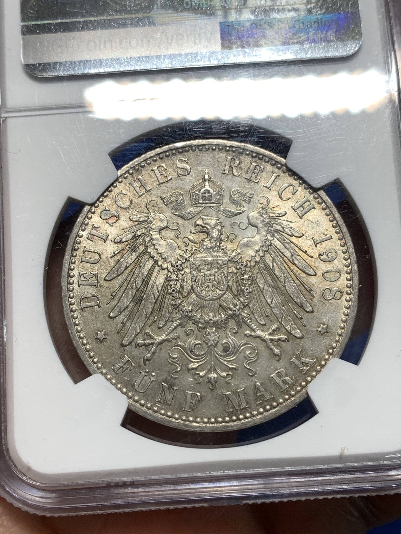 《竞宝斋》第235场-周日，周一，周二，周三 疯狂4连拍 (全场包邮) NGC AU58 德国1908年D版巴伐利亚5马克银币，性价比高