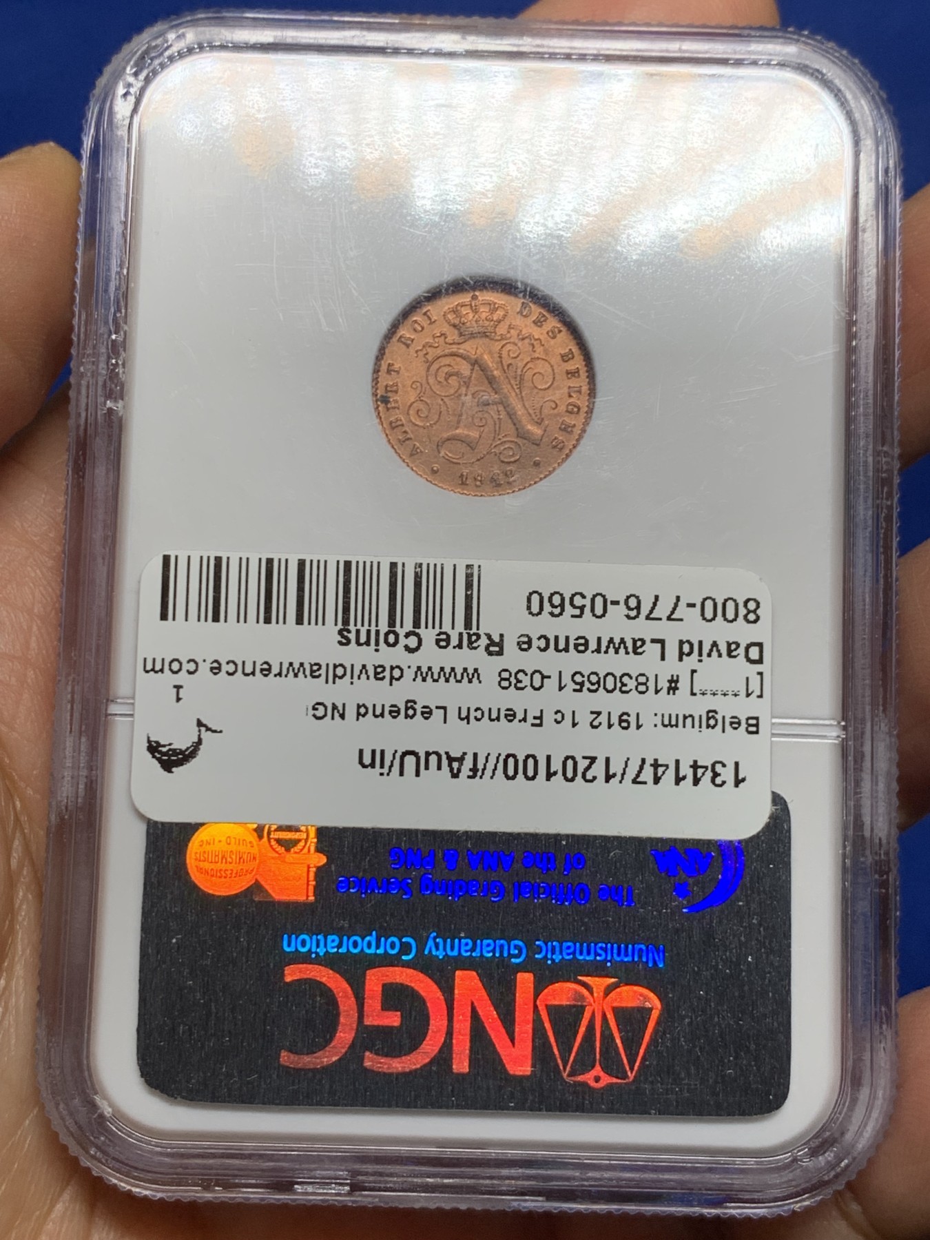 《竞宝斋》第235场-周日，周一，周二，周三 疯狂4连拍 (全场包邮) NGC MS65RD 比利时1912年经典狮子1分铜币 满铜光，精制小铜币一枚