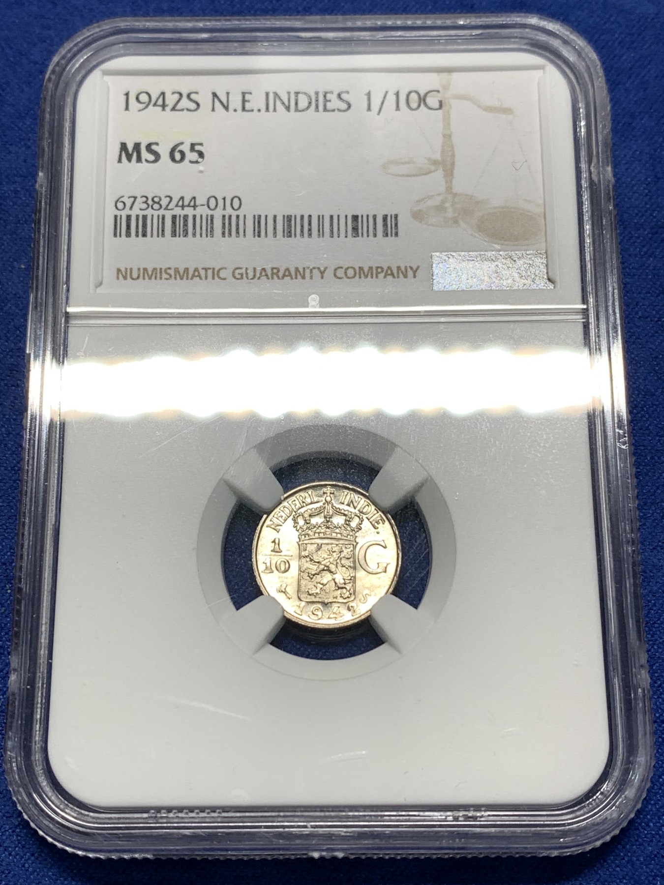 《竞宝斋》第235场-周日，周一，周二，周三 疯狂4连拍 (全场包邮) NGC MS65 1942年S版 荷属东印度群岛（今印尼）1/10盾 银币