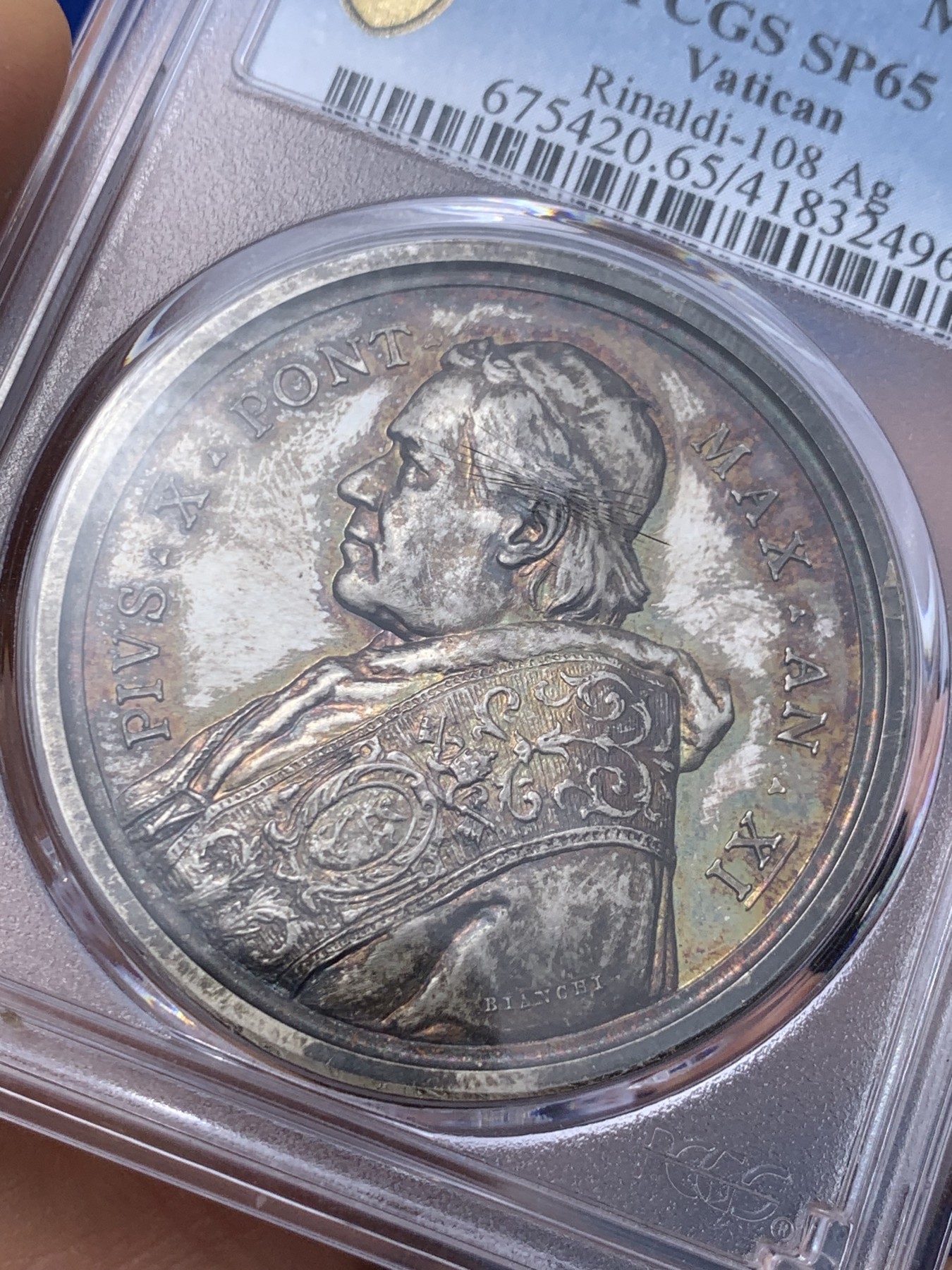 《竞宝斋》第235场-周日，周一，周二，周三 疯狂4连拍 (全场包邮) PCGS SP65  梵蒂冈1914顶级幻彩教皇银章