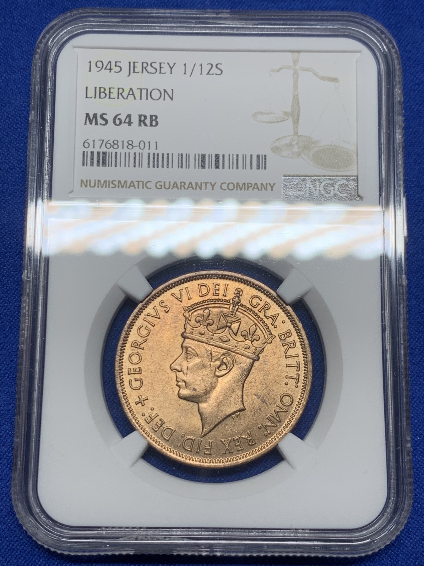 《竞宝斋》第235场-周日，周一，周二，周三 疯狂4连拍 (全场包邮) NGC  MS64RB 1945年英属泽西岛乔六1/12先令纪念铜币