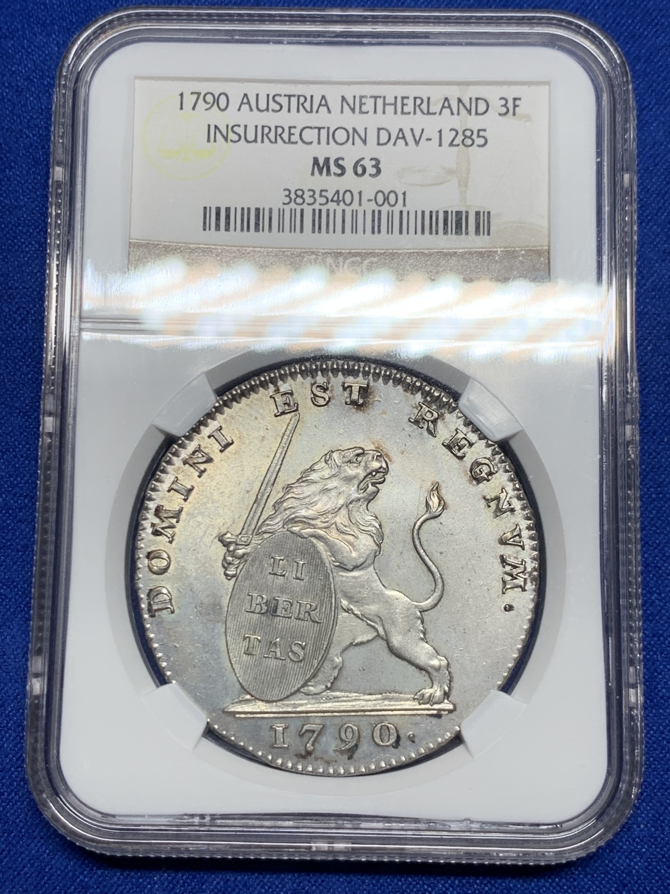 《竞宝斋》第235场-周日，周一，周二，周三 疯狂4连拍 (全场包邮) NGC MS63 奥属尼德兰 1790 比利时合众国（只存在了11个月） 第一次起义时期铸造 3弗洛林大银币 32.67克 状态近乎完美 63分中的战斗机