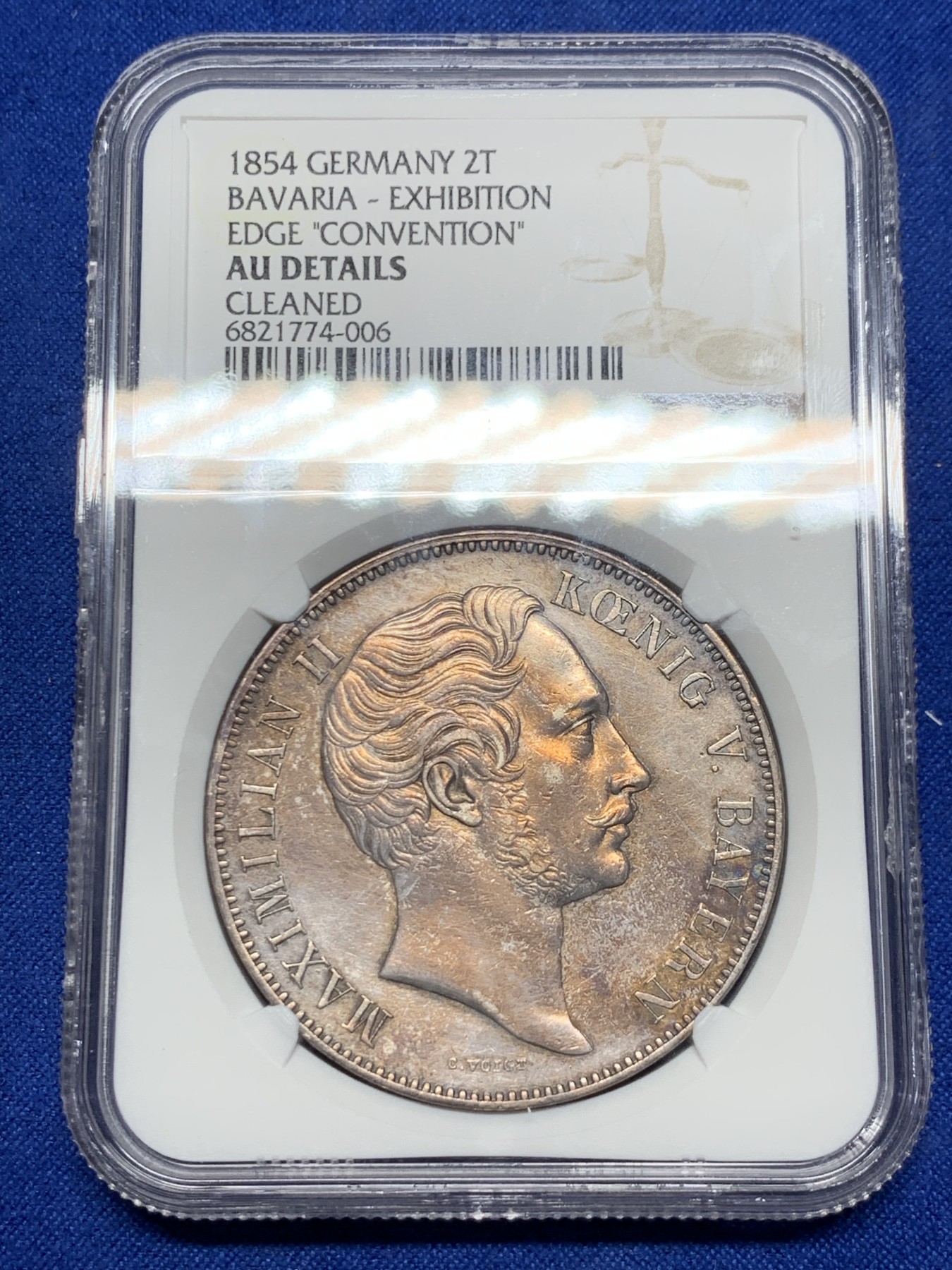 《竞宝斋》第235场-周日，周一，周二，周三 疯狂4连拍 (全场包邮) NGC AU 德国 1854 巴伐利亚马克西米利安二世 双狮纹章 2泰勒37克大银币 流通版好品