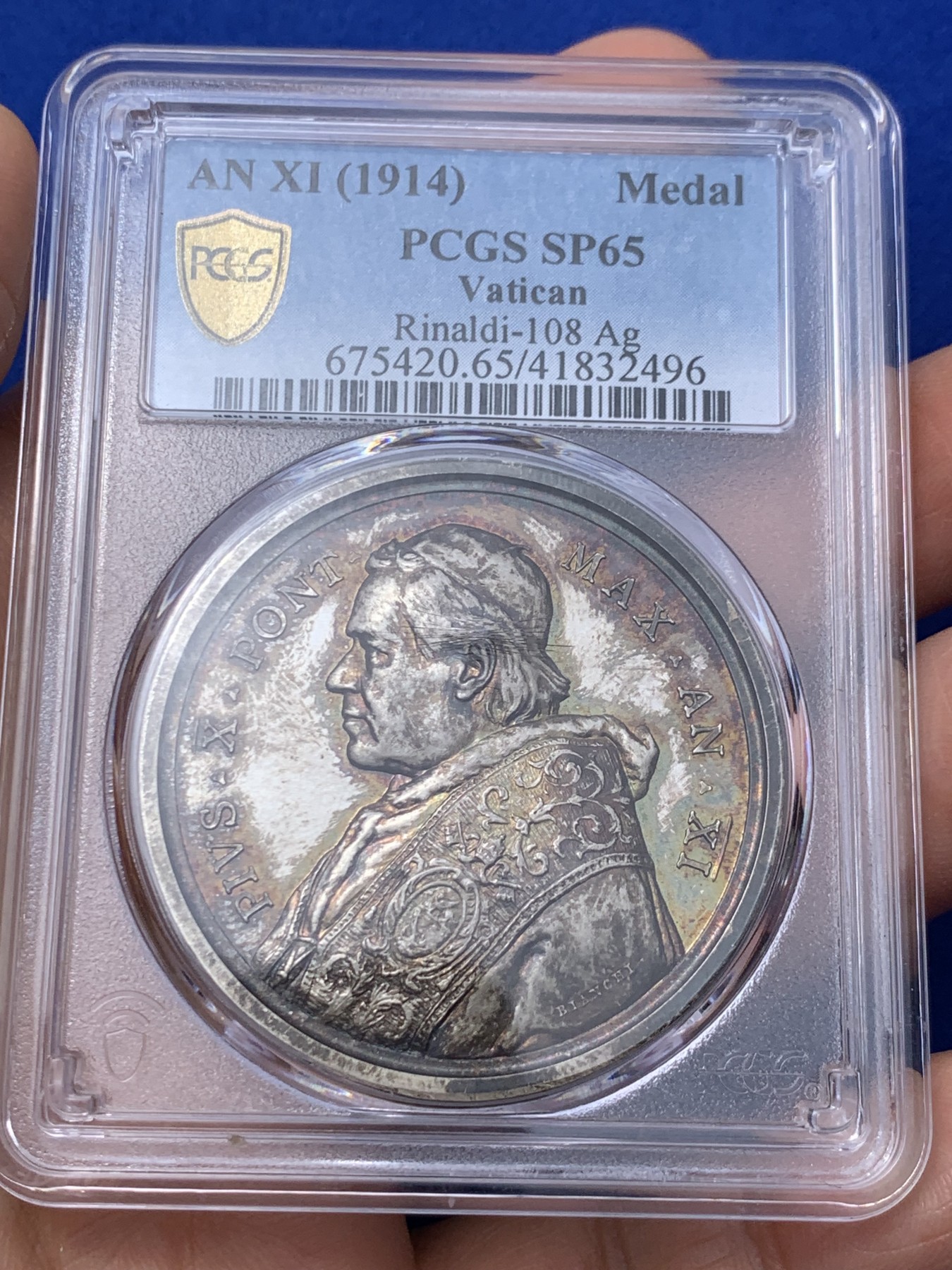 《竞宝斋》第235场-周日，周一，周二，周三 疯狂4连拍 (全场包邮) PCGS SP65  梵蒂冈1914顶级幻彩教皇银章