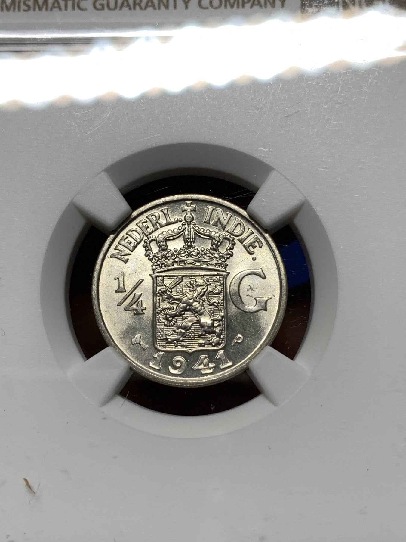 《竞宝斋》第235场-周日，周一，周二，周三 疯狂4连拍 (全场包邮) NGC MS65 1941年 荷属东印度群岛（今印尼）1/4盾 银币 原卷拆评级