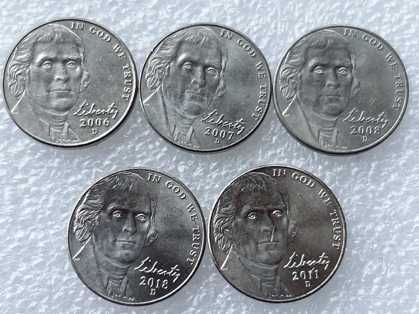 第一海外回流一元起拍收藏 散币场 第59期 美国5美分 总统杰斐逊纪念币 5枚