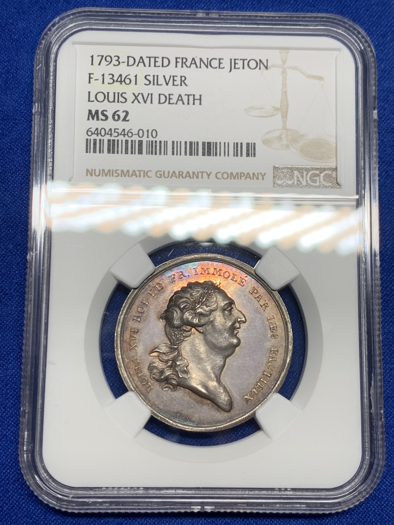 《竞宝斋》第237场- 周日，周一，周二，周日 疯狂4连拍 (全场包邮) NGC-MS62 德国名家loos作品 悼念法国大革命1793年路易十六银章，象征波旁王朝的鸢尾花羊皮纸被撕破，电闪雷鸣，法国大革命搅得欧洲天翻地覆，五彩包浆