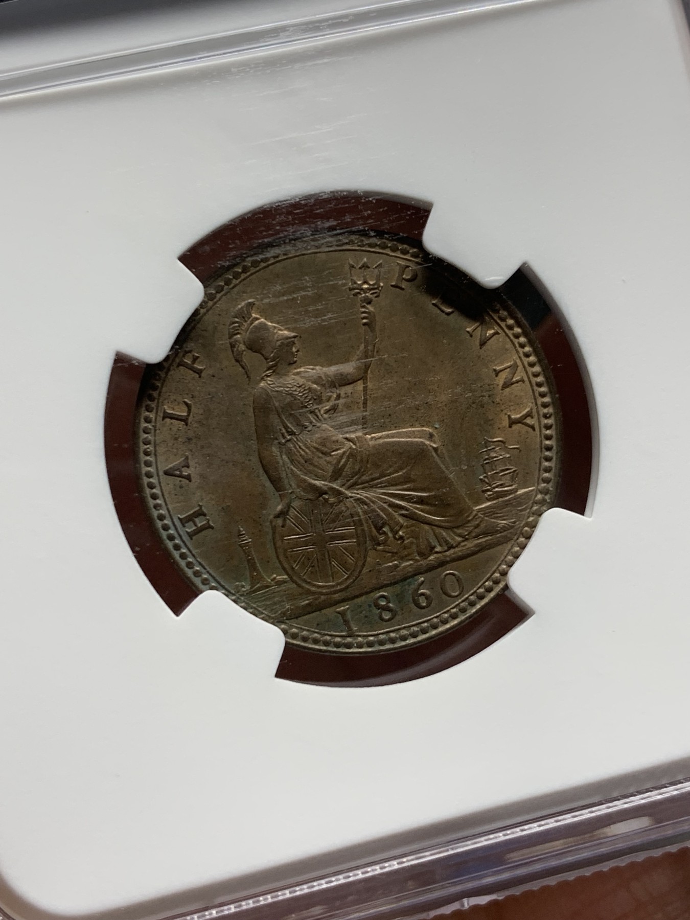 《竞宝斋》第235场-周日，周一，周二，周三 疯狂4连拍 (全场包邮) NGC MS63BN 英国1860年小维1/2便士铜币 好状态高分数