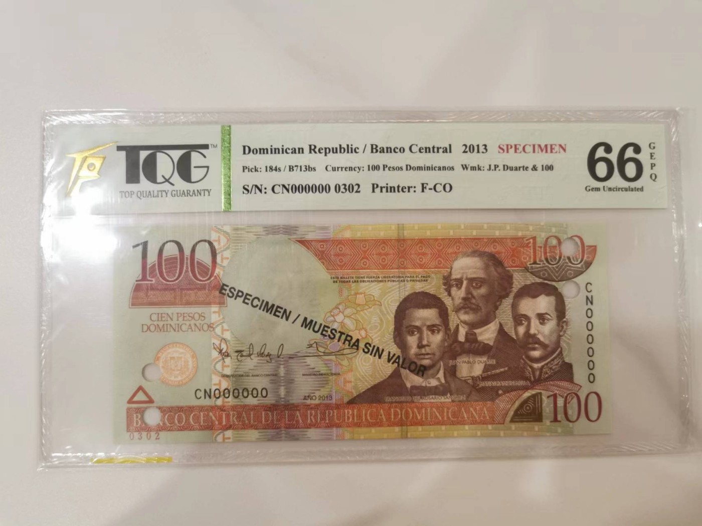 258.【鲸贝乐淘★两拍包邮】弟子规·第“物虽小，勿私藏。苟私藏，亲心伤。”号拍卖 【多米尼加共和国🇩🇴★全零票样编号0302】2013年100比索，TQG66G